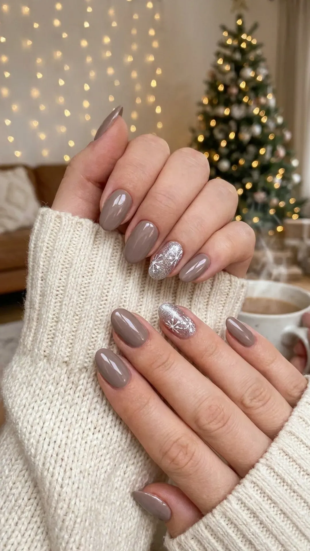 Chic taupe nails with silver glitter accents and white snowflake designs, blending elegance with the festive spirit of winter.