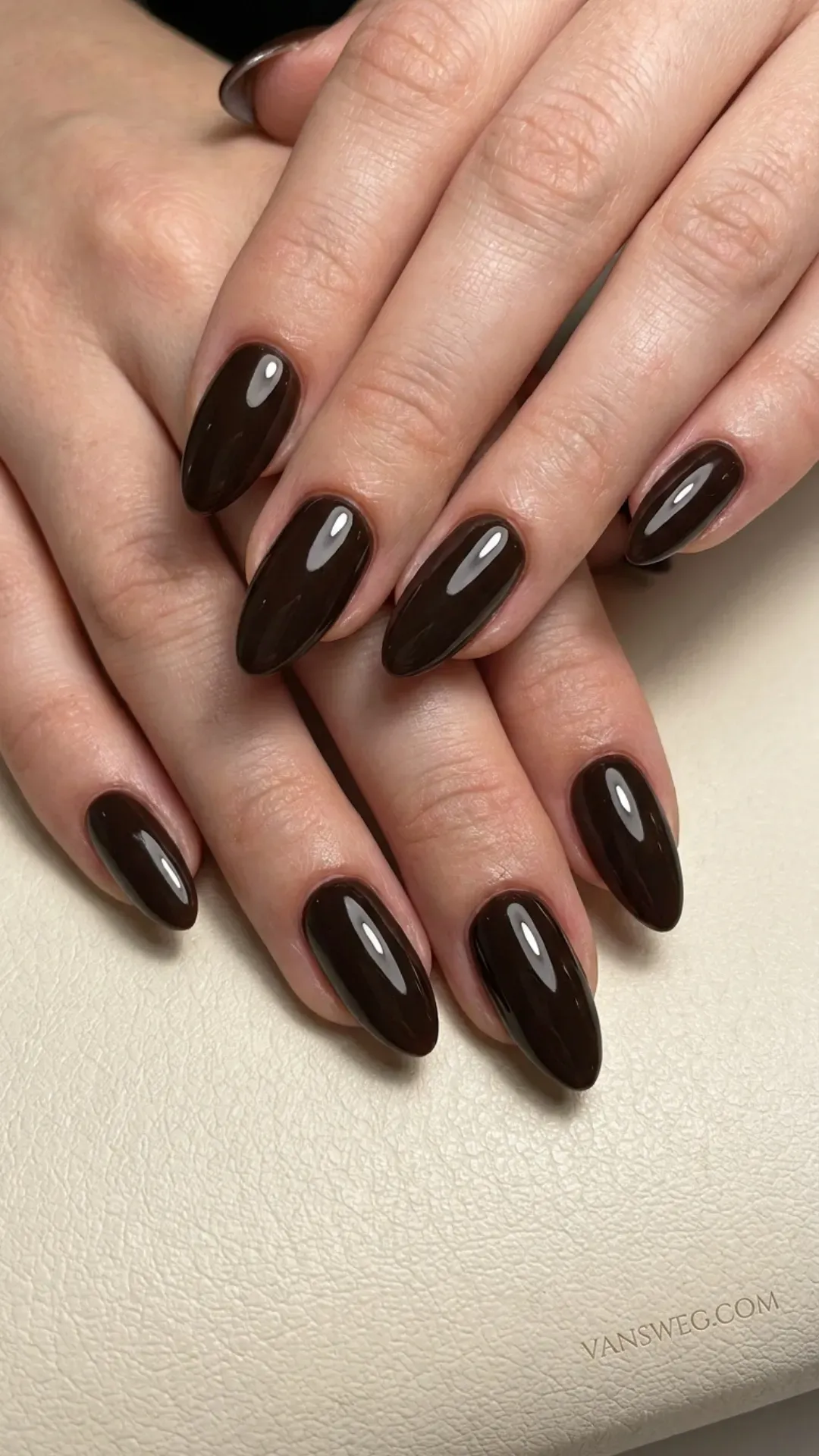 glossy espresso glazed almond nails rich girl aesthetic by VANSWEG.COM