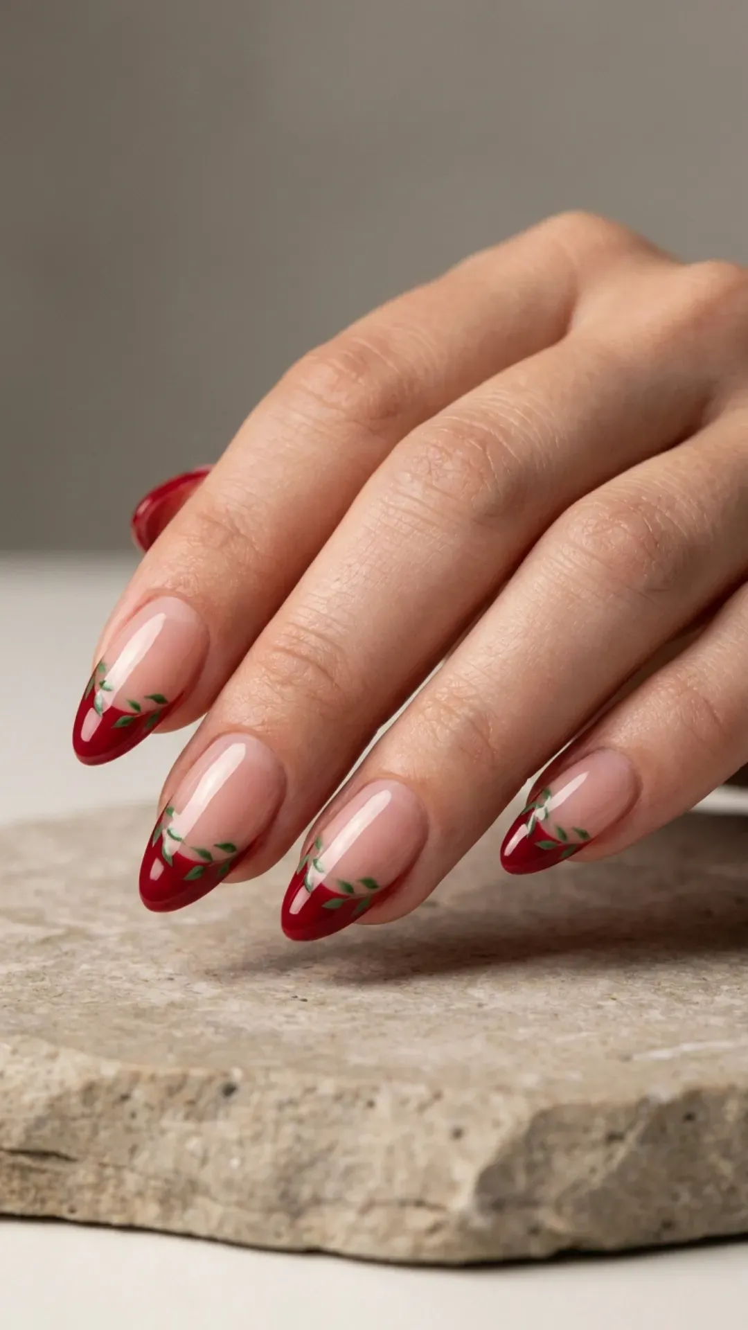  juicy red strawberry french tip nail art on almond nails by VANSWEG.COM