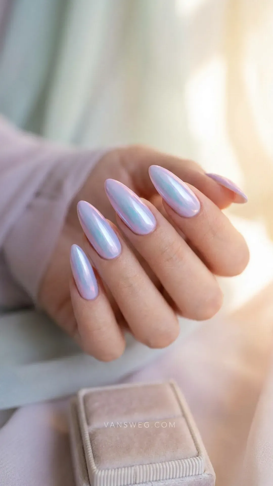  long almond ethereal lavender opalescent pastel chrome pearl nails by VANSWEG.COM