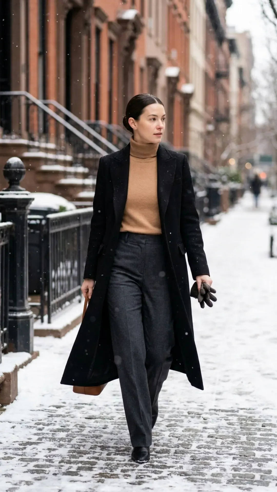 A sophisticated woman wearing a camel cashmere turtleneck, tailored trousers, and a long coat walking on a snowy city street.