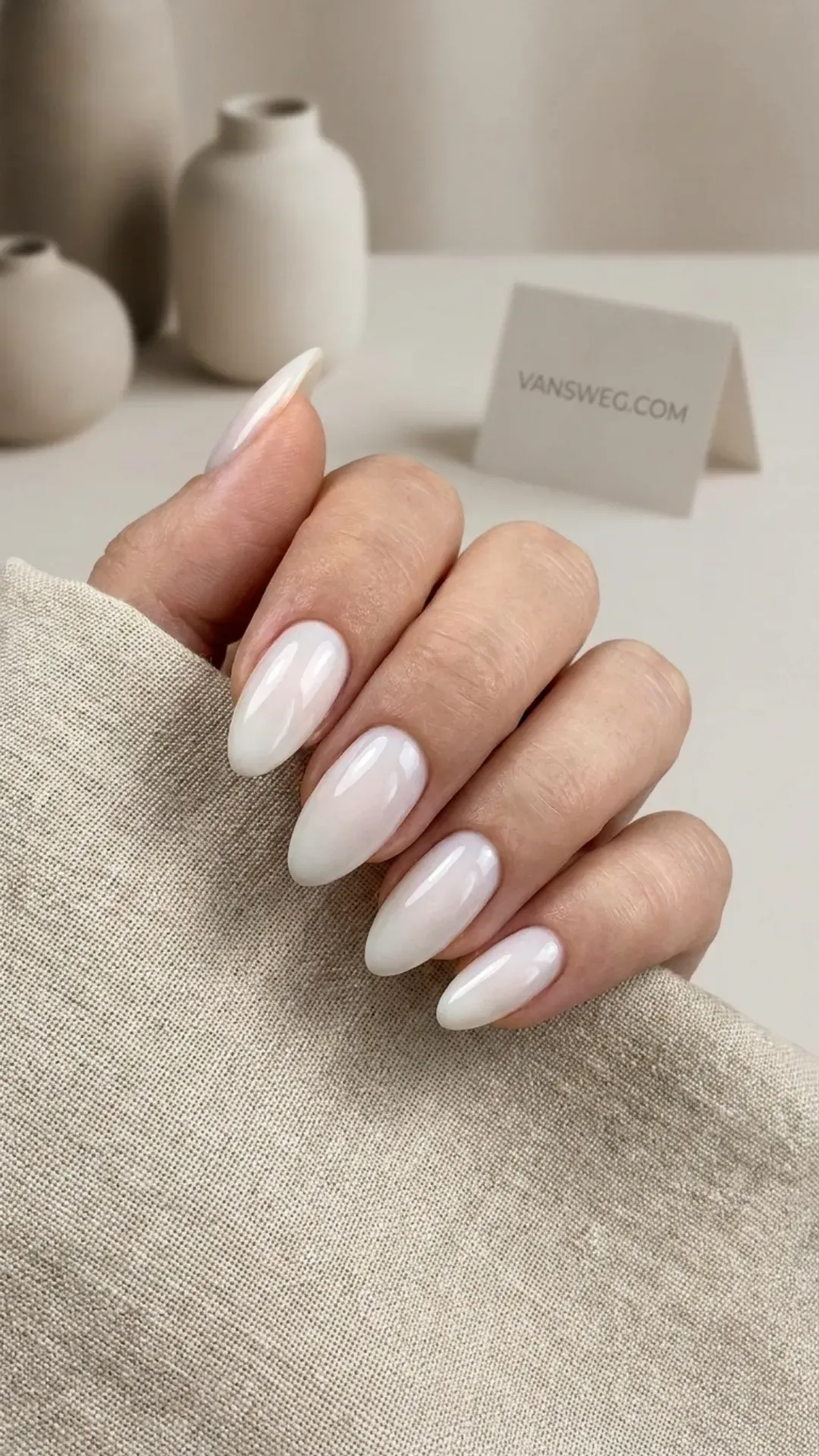 glossy sheer milky white almond nail color for summer by VANSWEG.COM