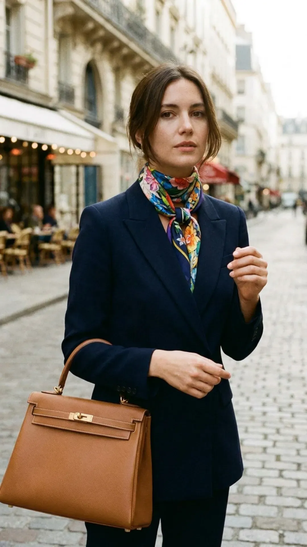 Woman wearing a chic navy blazer and silk scarf holding a top-handle bag in Paris.