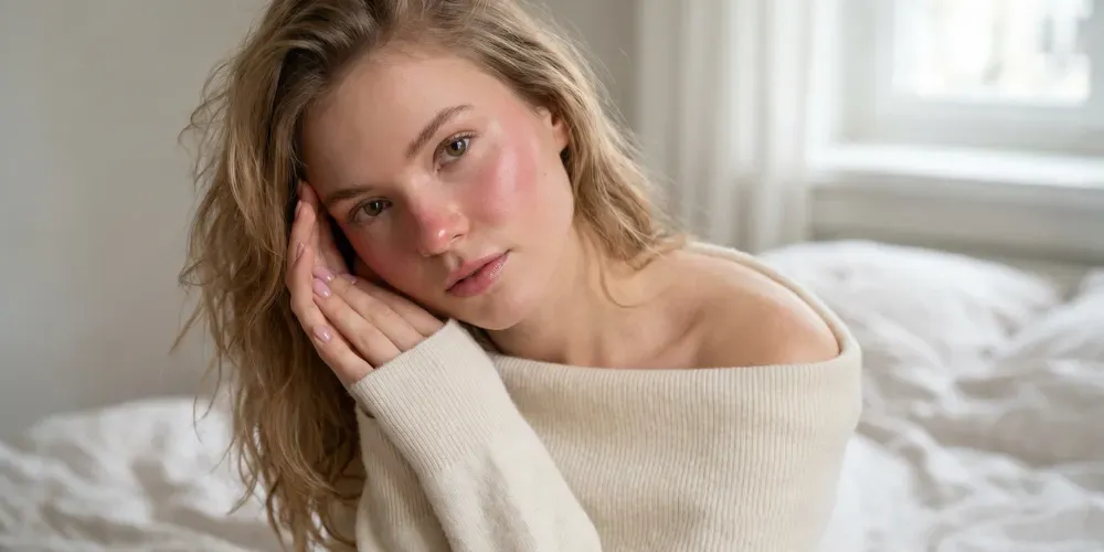 A close-up portrait of the viral sleepy girl makeup trend, featuring a post-nap rosy flush, dewy skin, and minimalist sheer pink nails.