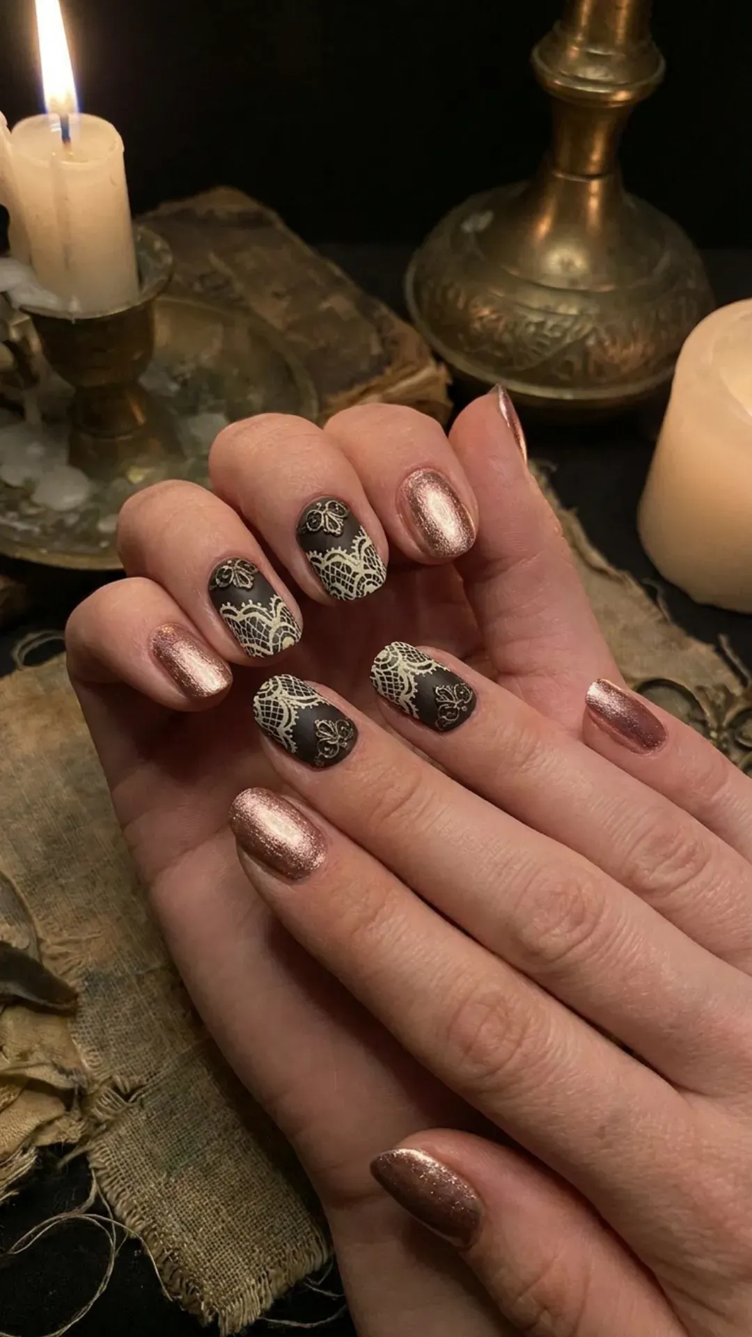 Nails with a metallic rose finish paired with others featuring an intricate lace pattern, evoking a sense of ancient mystique