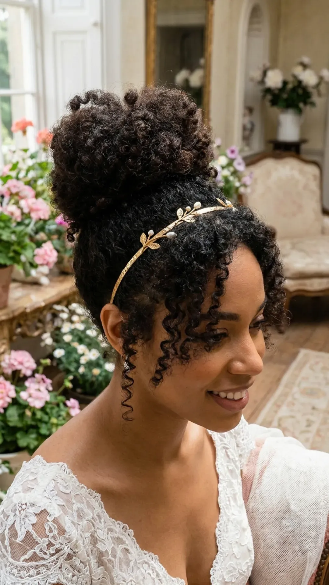 Beautiful natural curls gathered into an updo, accented with a delicate golden headband, ideal for brides looking for a royal touch to their natural hair on their wedding day.