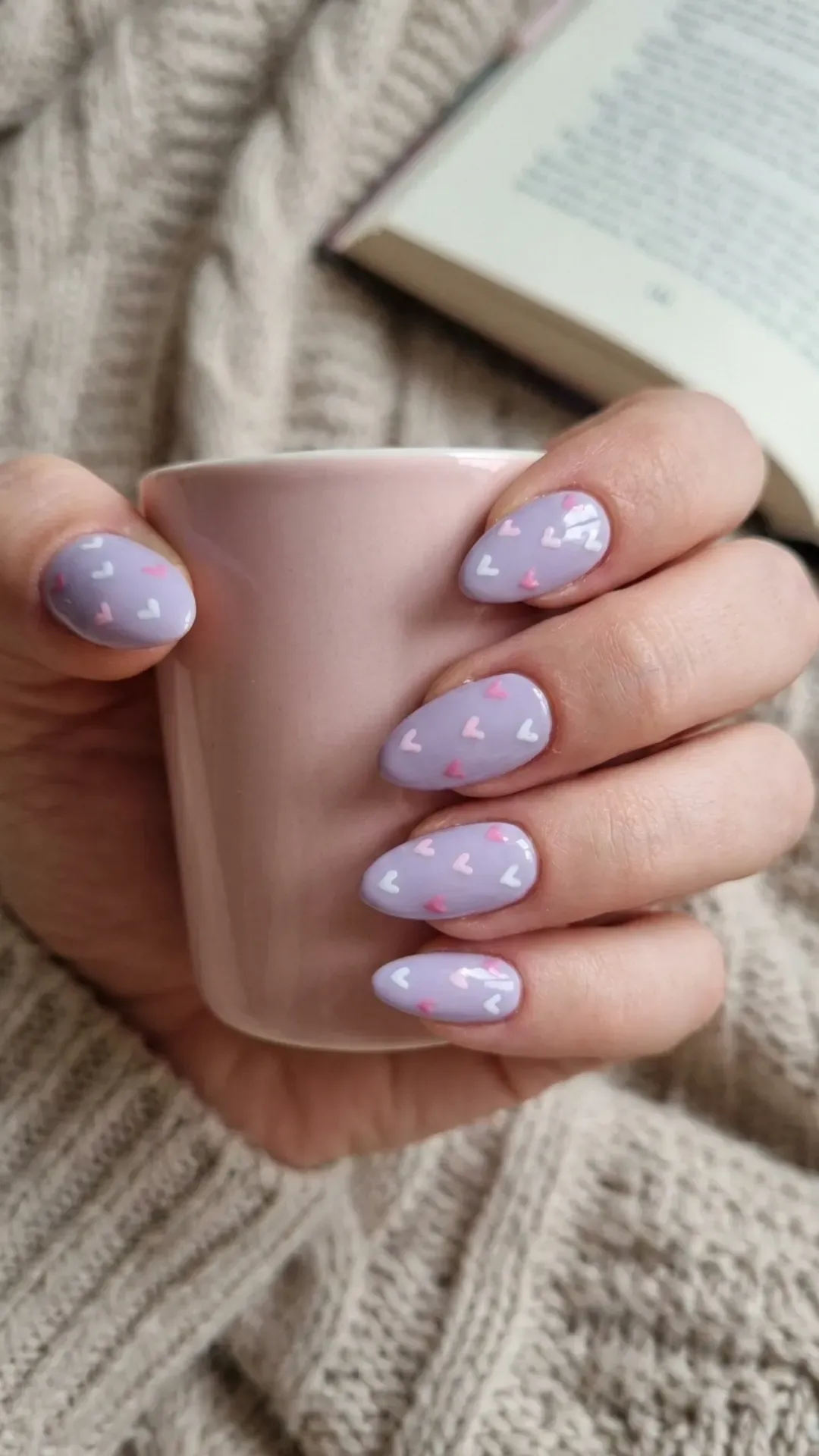 Lilac Nails with Tiny Heart Art - Soft lilac nails with small white and pink heart accents