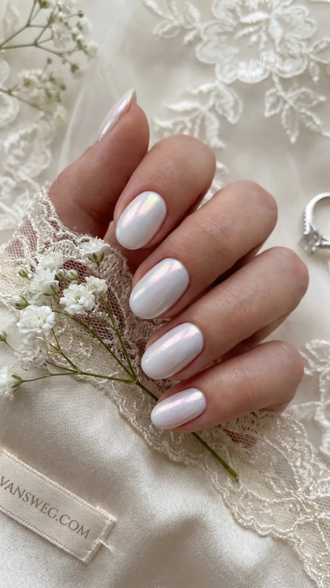 pure white pearlcore opalescent chrome bridal nails by VANSWEG.COM