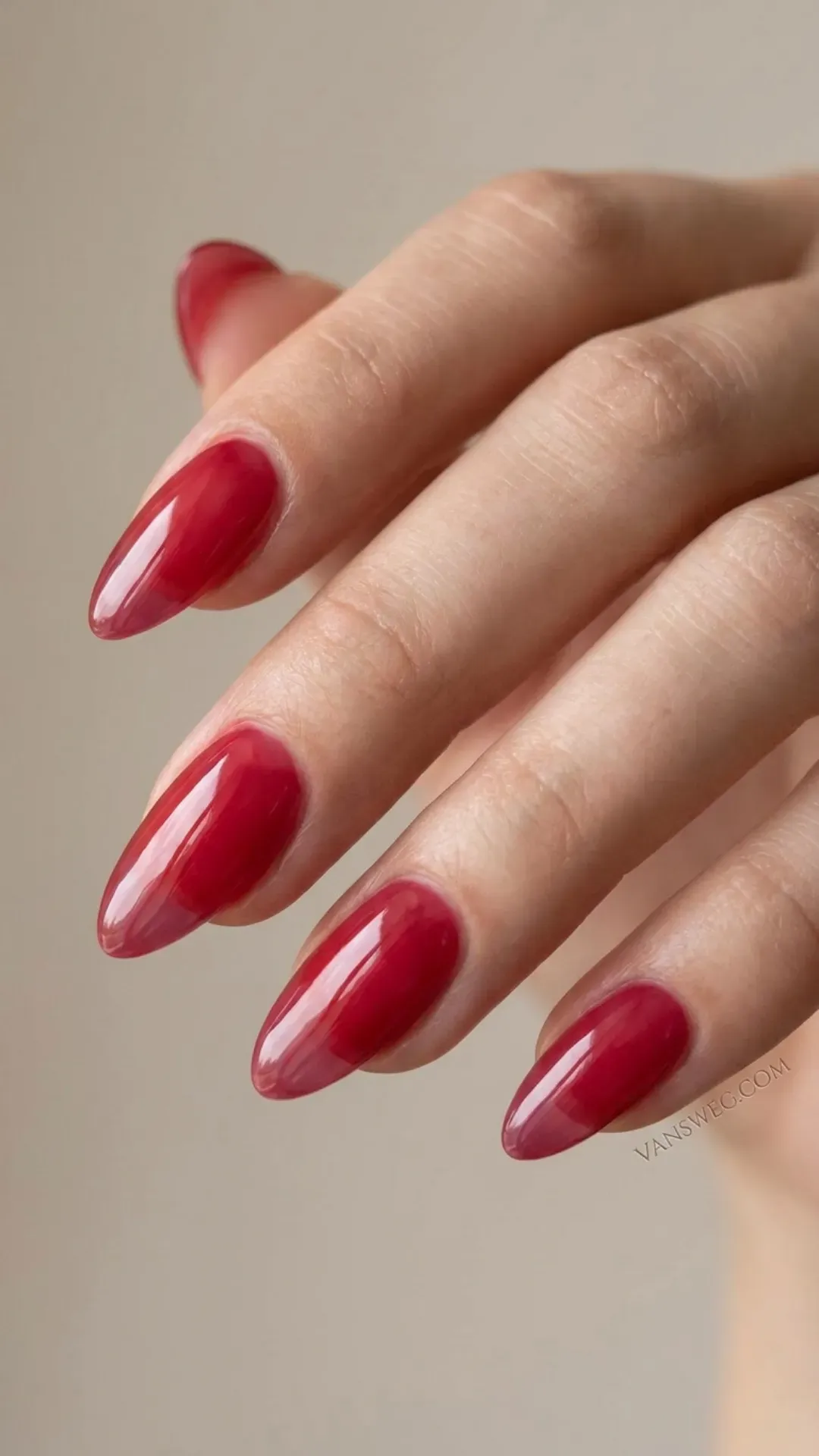 translucent juicy cherry red lip gloss almond nails by VANSWEG.COM
