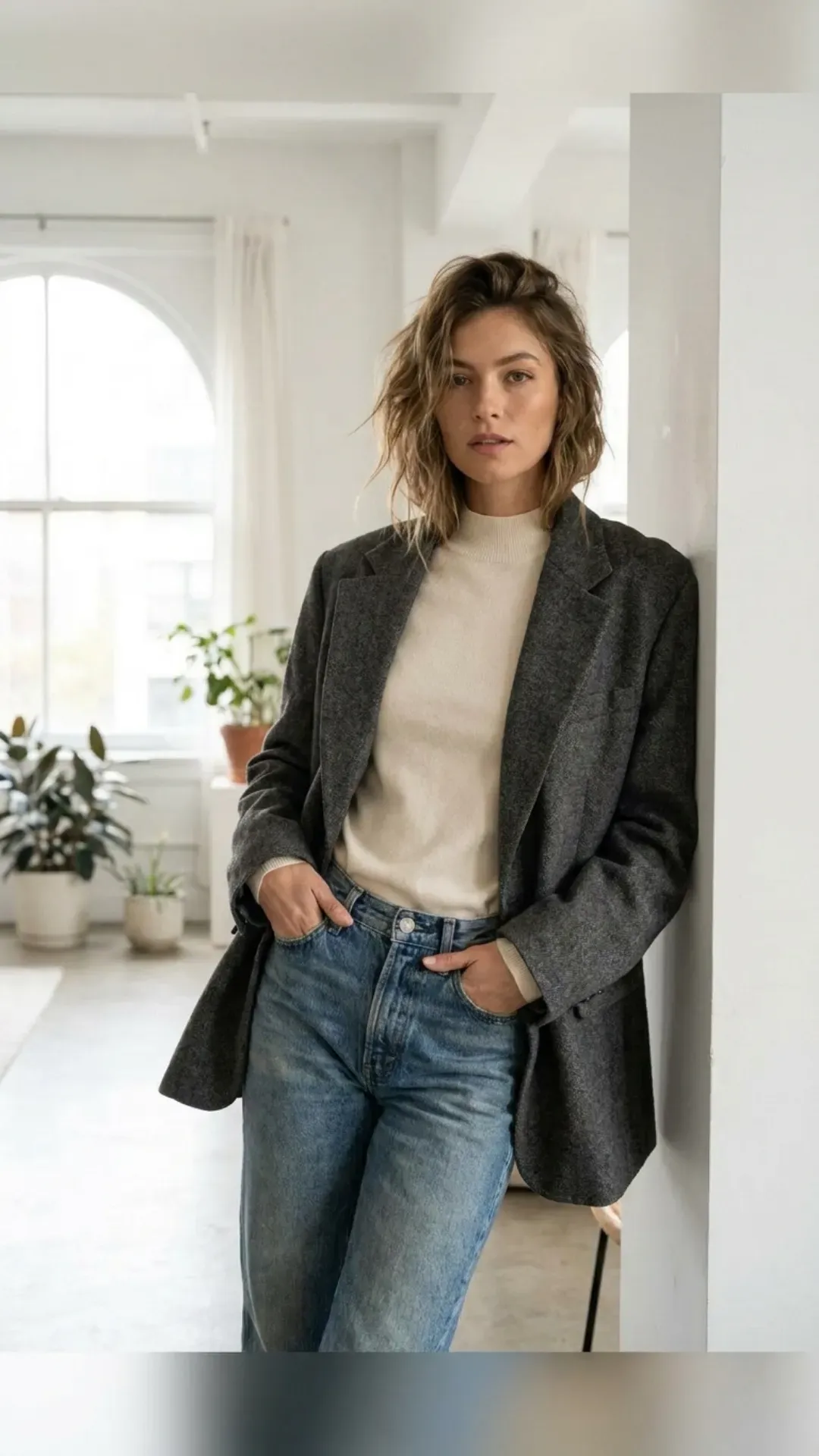 A stylish woman in a modern studio wearing a beige mock neck sweater, vintage jeans, and an oversized blazer.