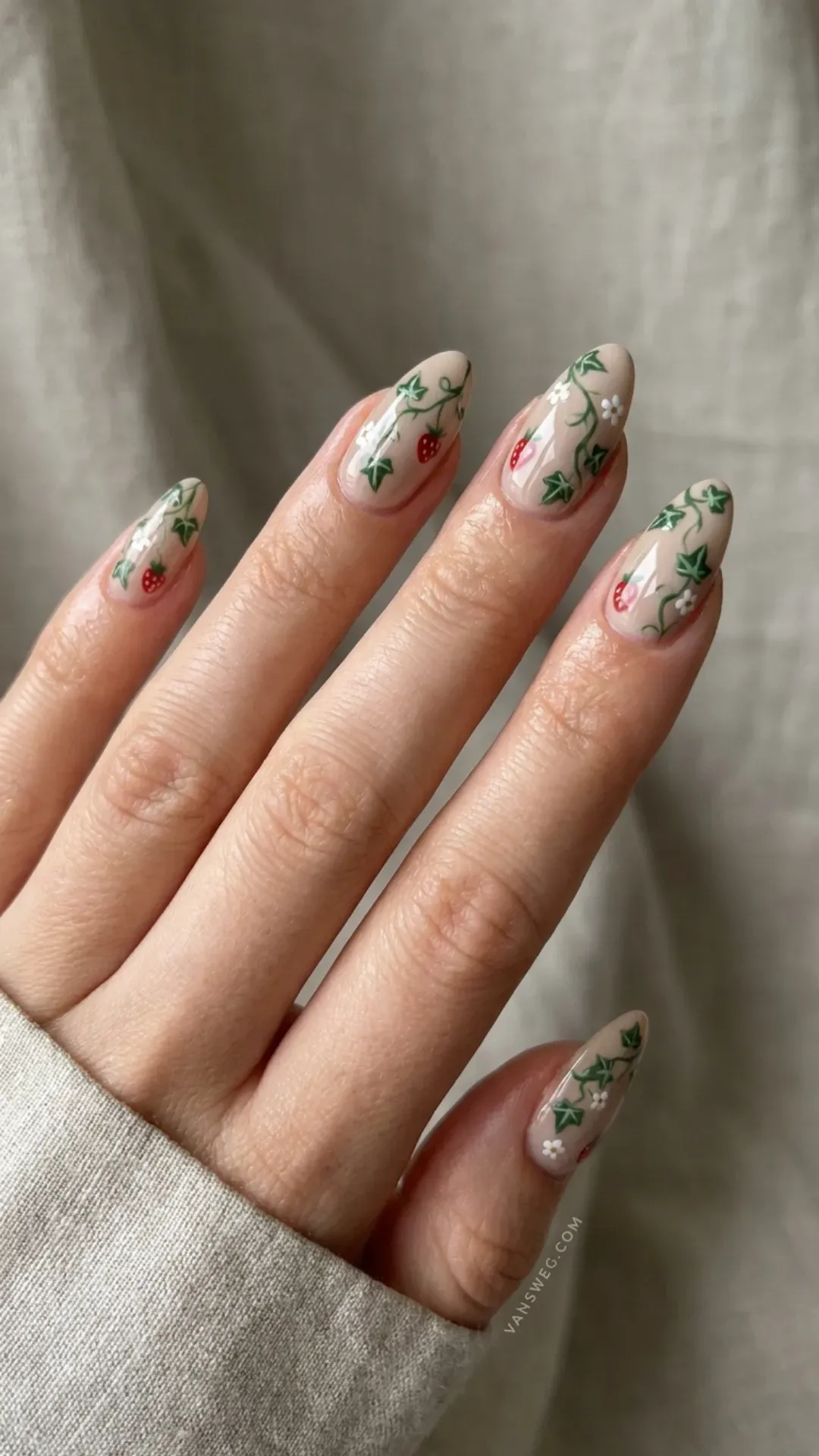  intricate botanical strawberry vine and blossom nail art by VANSWEG.COM