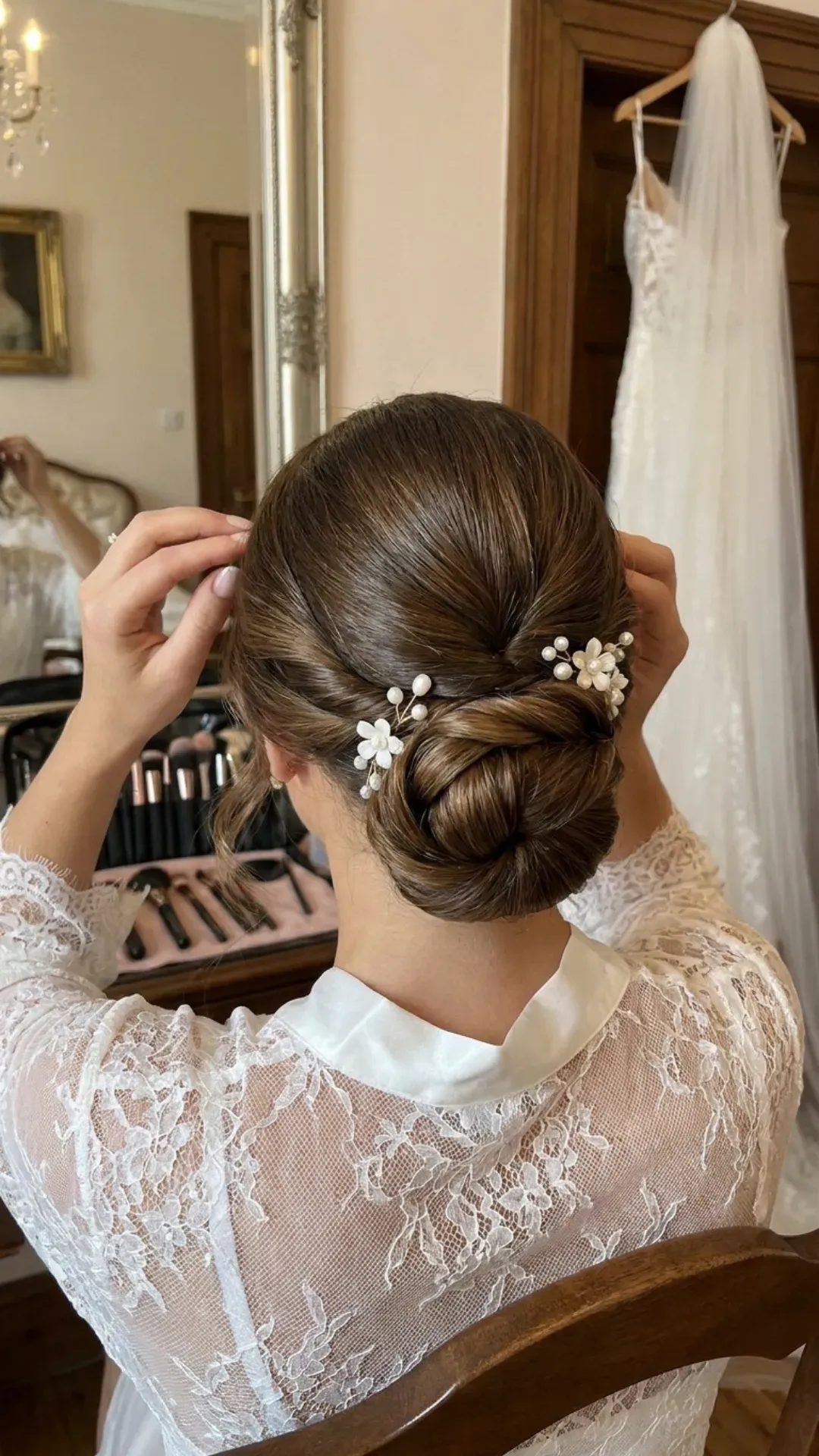 Elegant twisted low bun captured in a bridal preparation setting, showcasing a sophisticated hairstyle perfect for brides aiming for a refined and graceful look.
