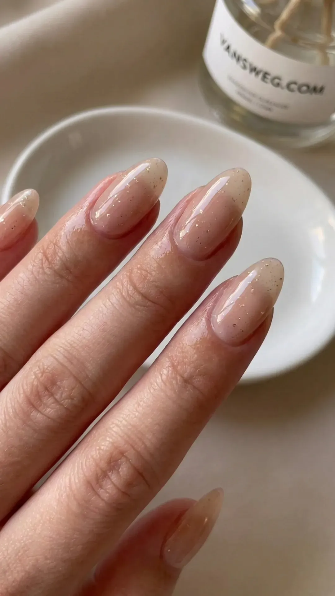 sheer nude soap nails with micro champagne glitter by VANSWEG.COM