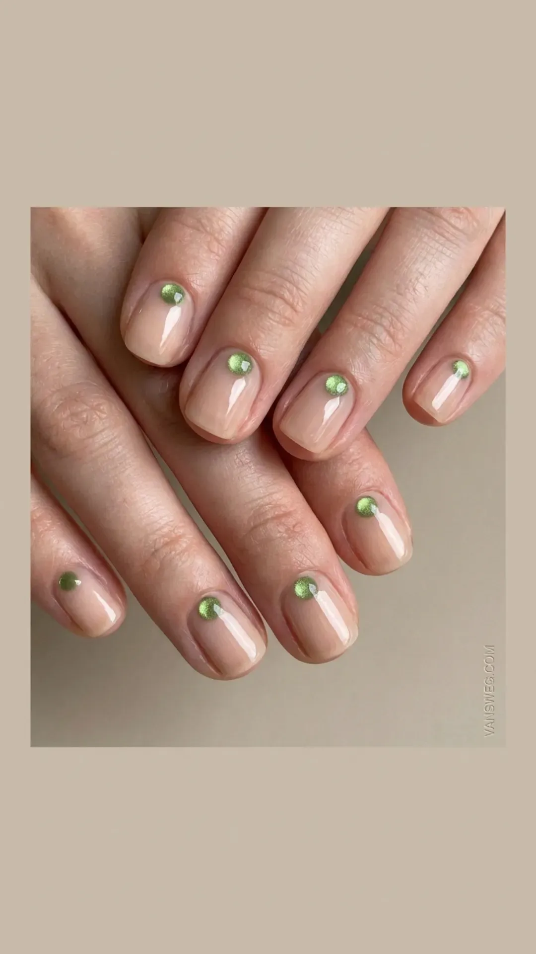 sheer nude nails with minimalist matcha green magnetic cat-eye dots by VANSWEG.COM