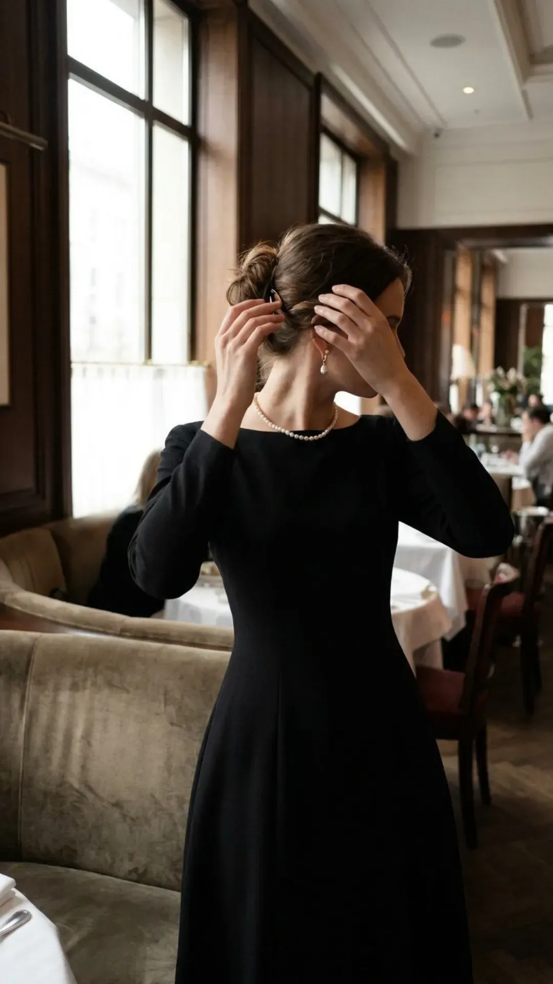 Timeless little black dress accessorized with elegant pearl jewelry.
