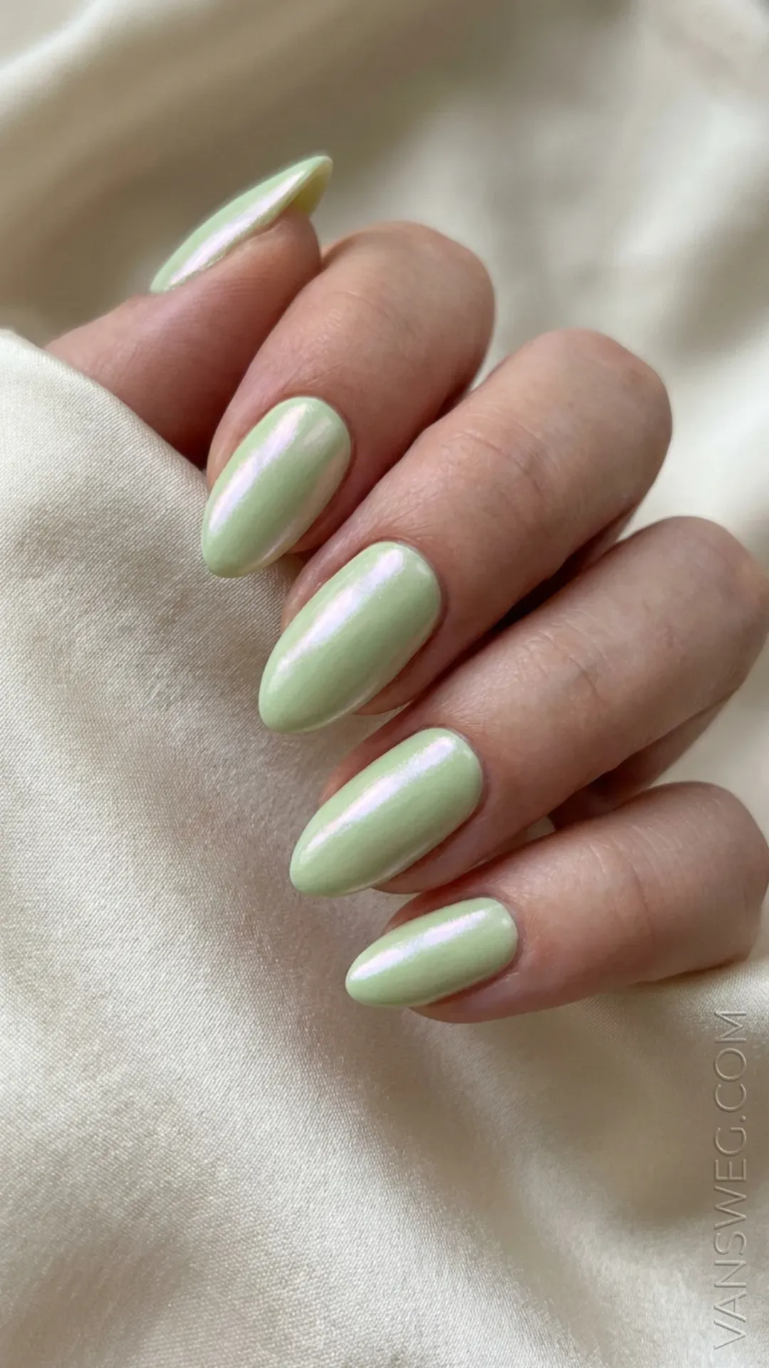 sophisticated pastel pistachio green opalescent chrome nails by VANSWEG.COM