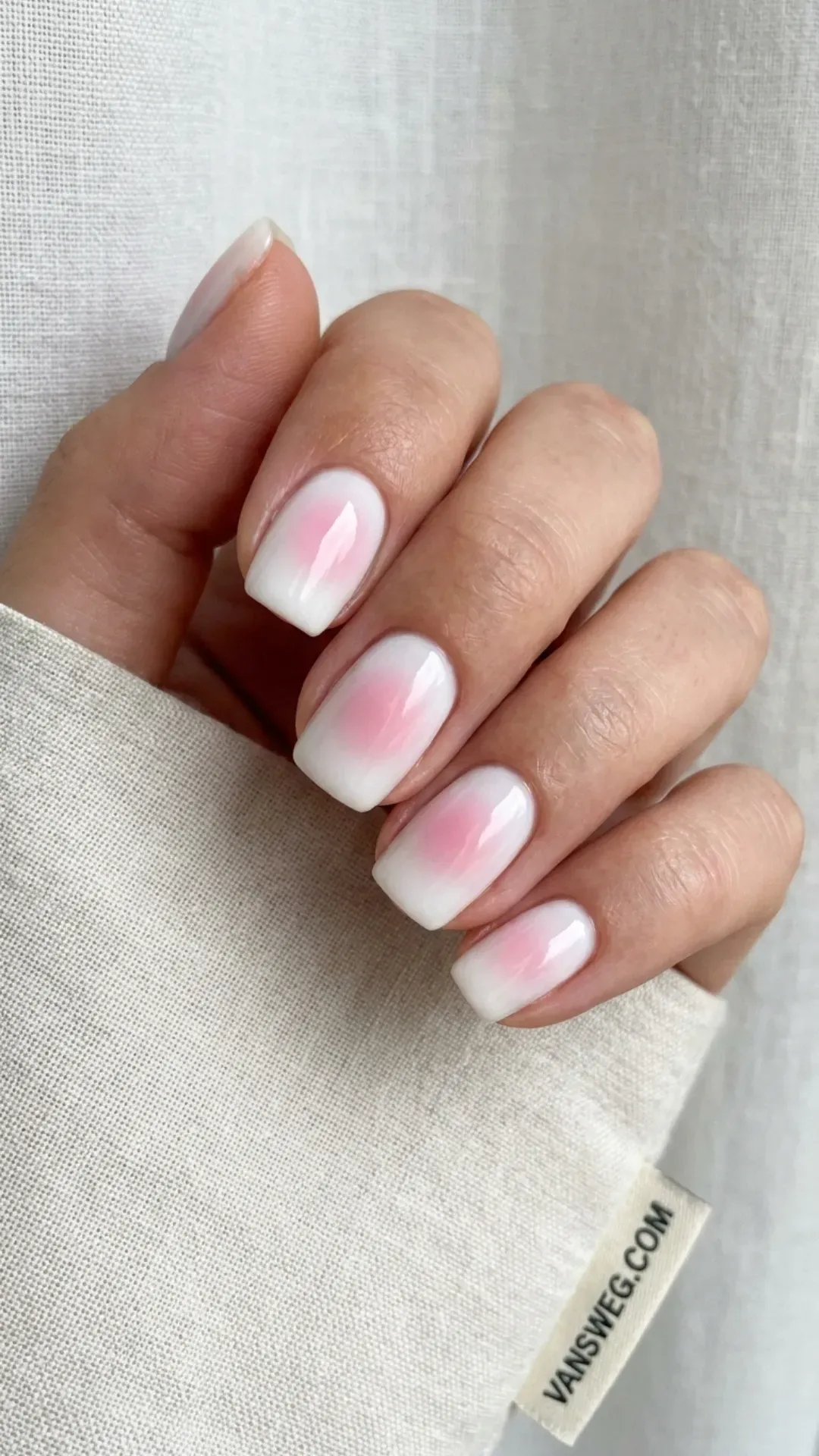  milky white nails with diffused pink aura blush effect by VANSWEG.COM