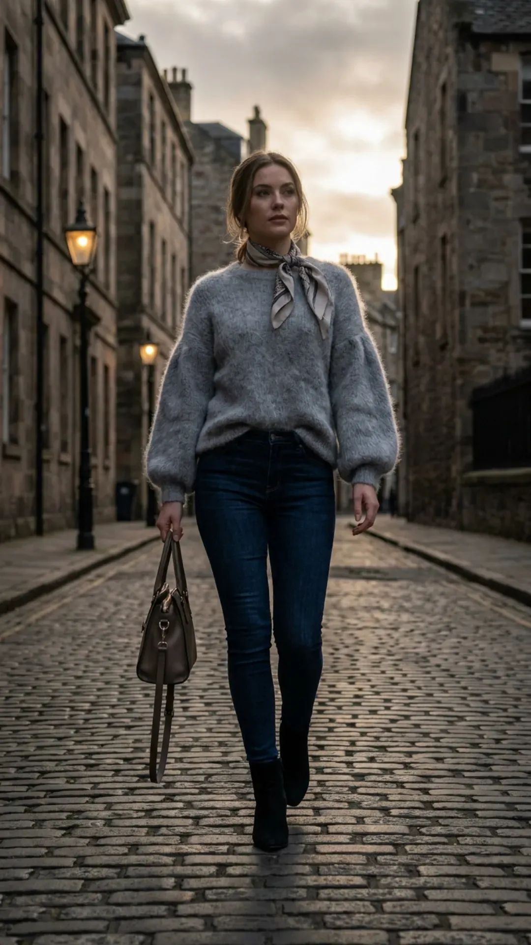 A fashionable woman wearing a fuzzy grey sweater with puffed sleeves and dark denim on a cobblestone street.