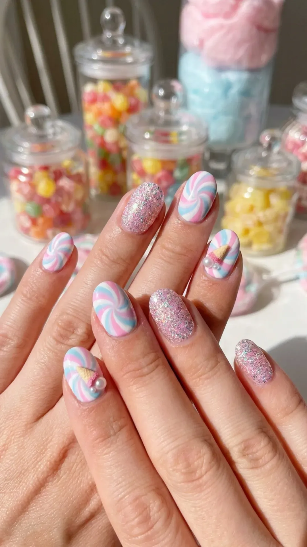 Playful nails with a pink candy swirl design, some fully coated in glitter, reminiscent of whimsical sugar-spun treats