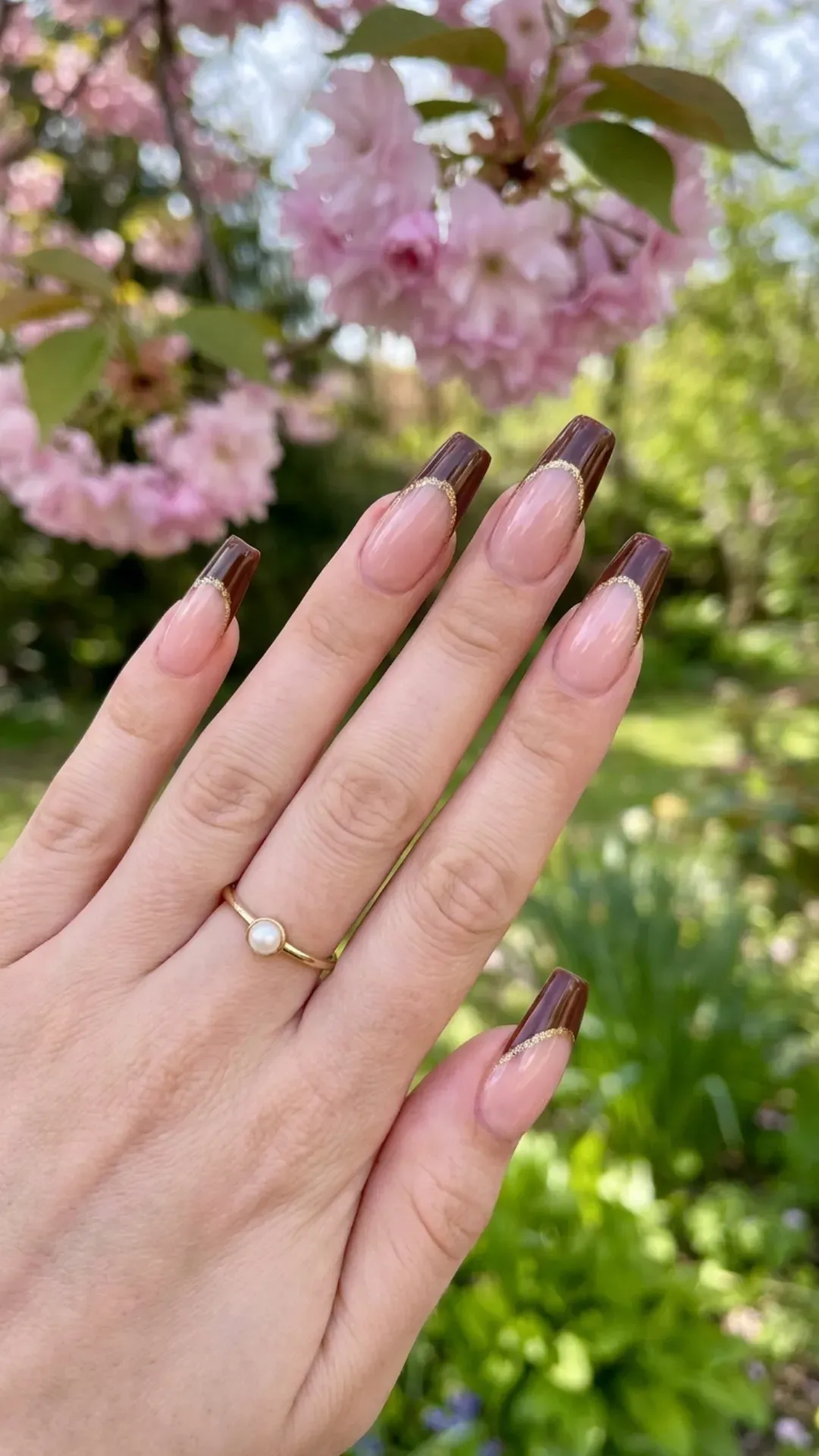 Elegant coffin nails with chocolate brown tips and a natural base, highlighted by a gold glitter line for a touch of luxury, ideal for a sophisticated springtime manicure