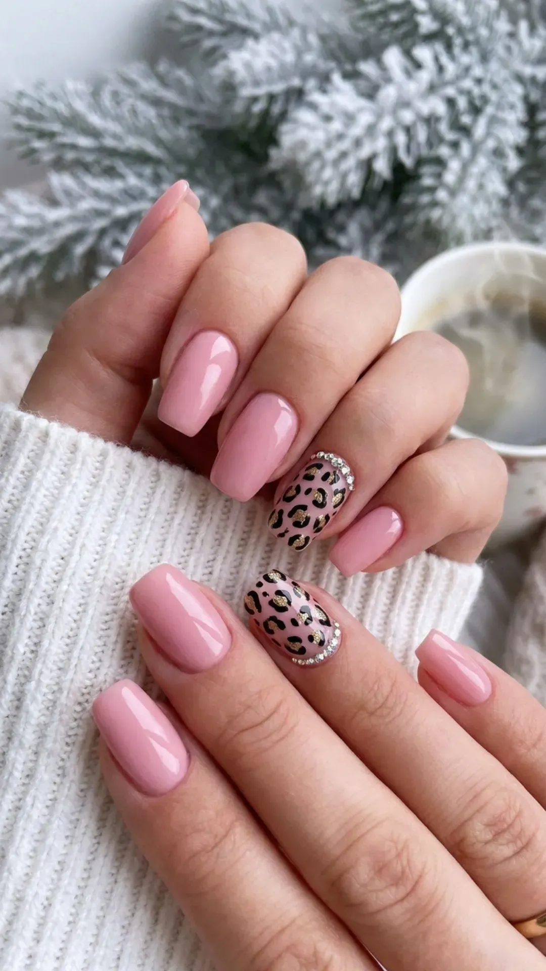 These pink nails boast a bold animal print design on the ring fingers, with accents of black and gold, and are complemented by a row of tiny rhinestones for a touch of winter sparkle.