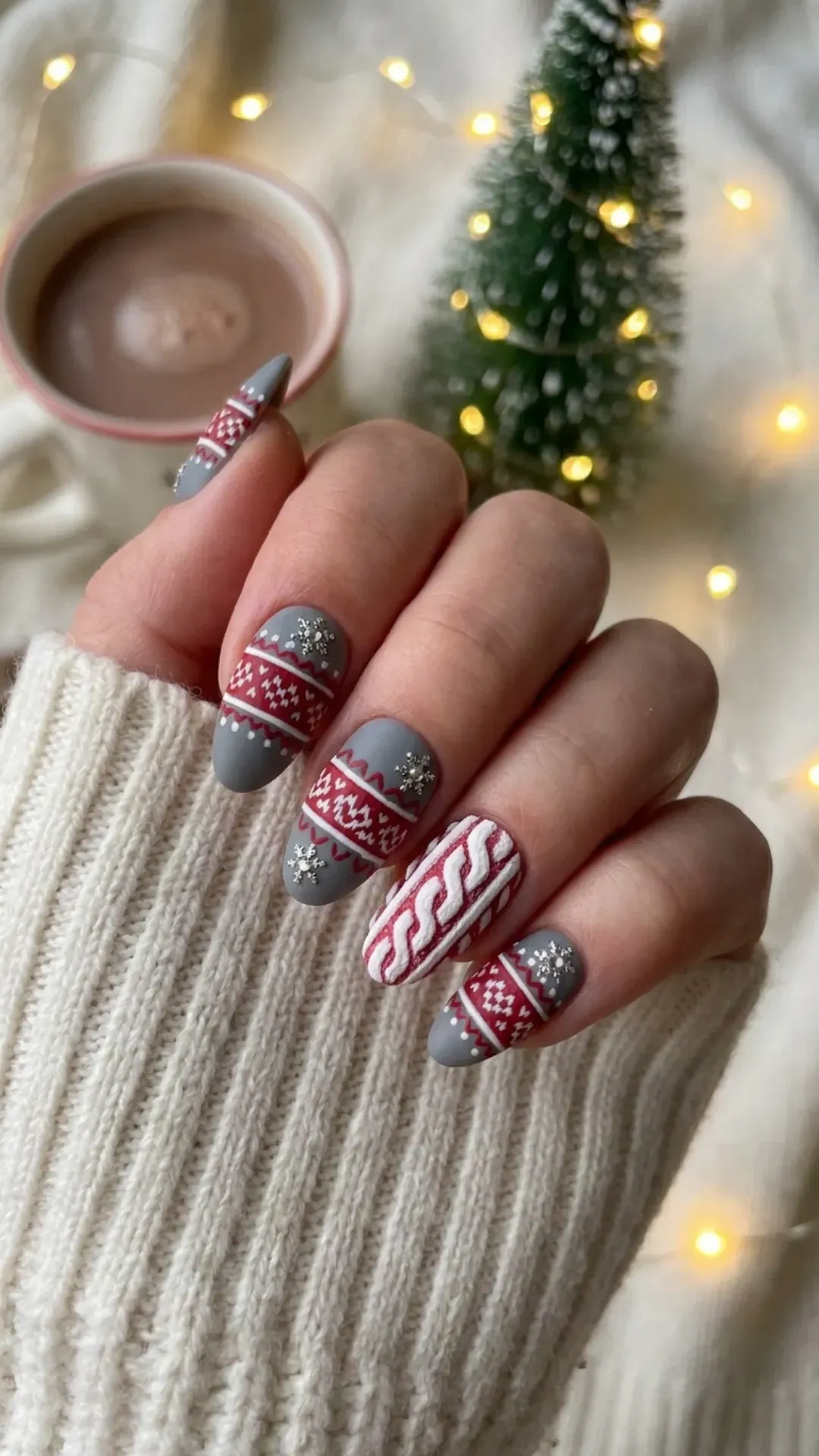 Cozy winter nail design with sweater pattern decals in red and white on a grey background, complemented by silver snowflake jewels for a festive touch.