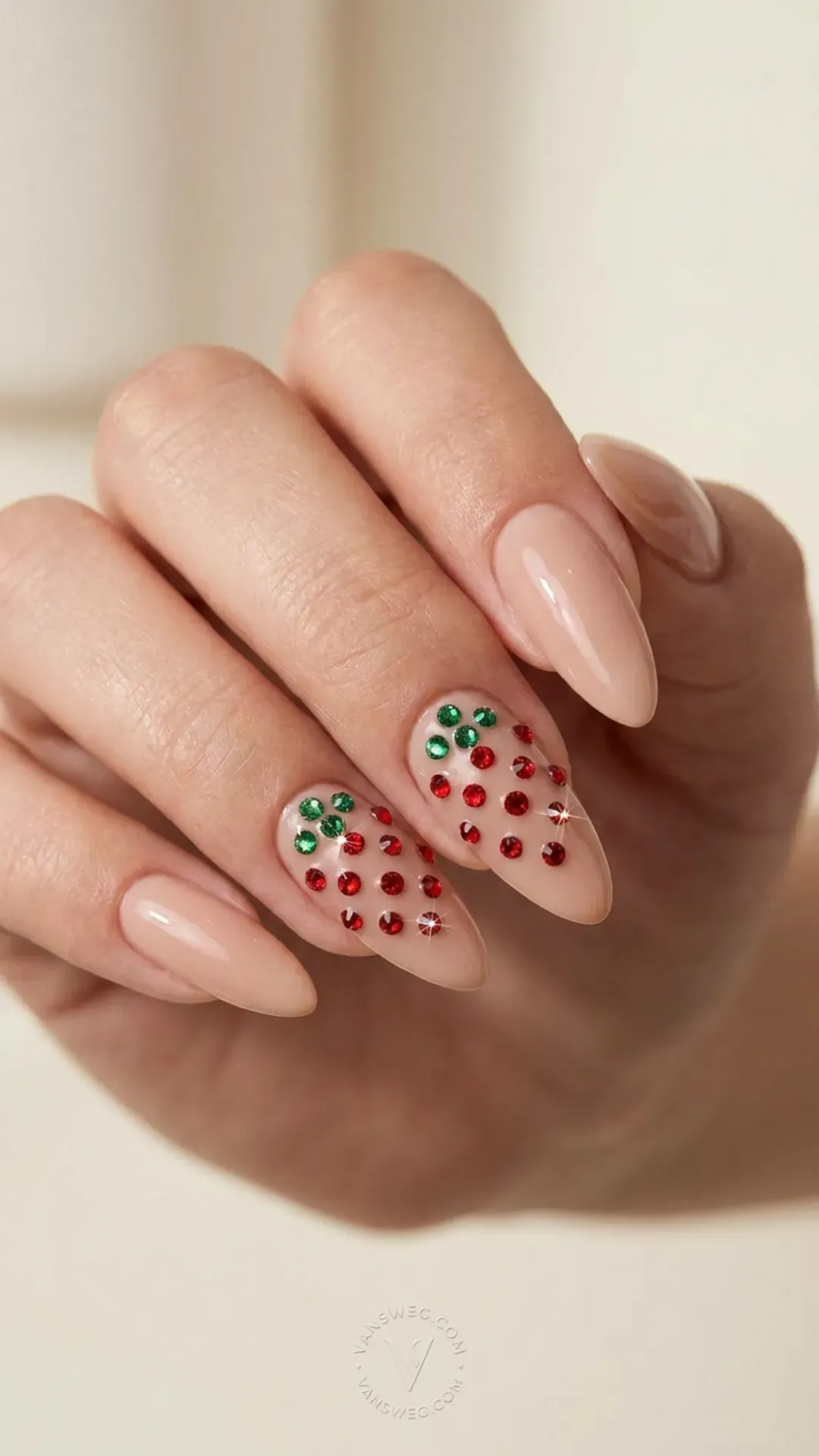  nude nails with red and green rhinestone strawberry art by VANSWEG.COM