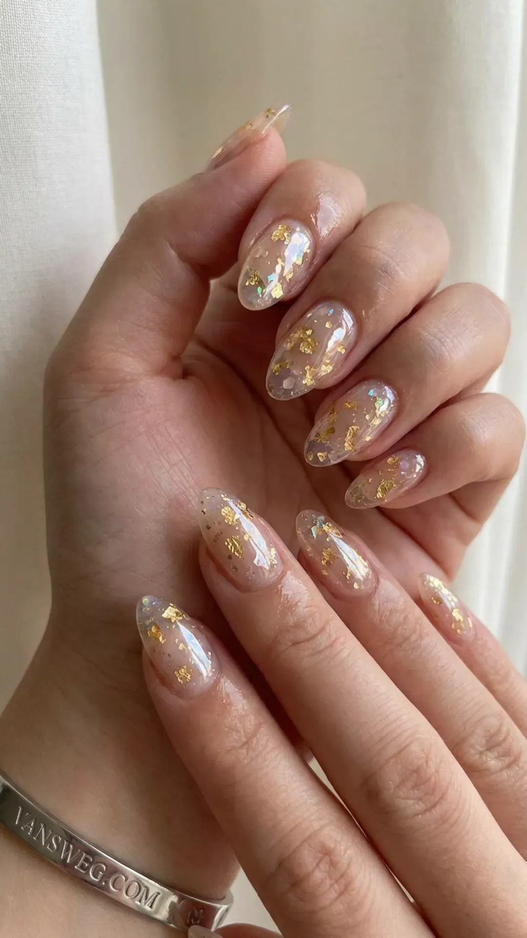 clear korean glass nails with embedded floating gold flakes luxury manicure by VANSWEG.COM