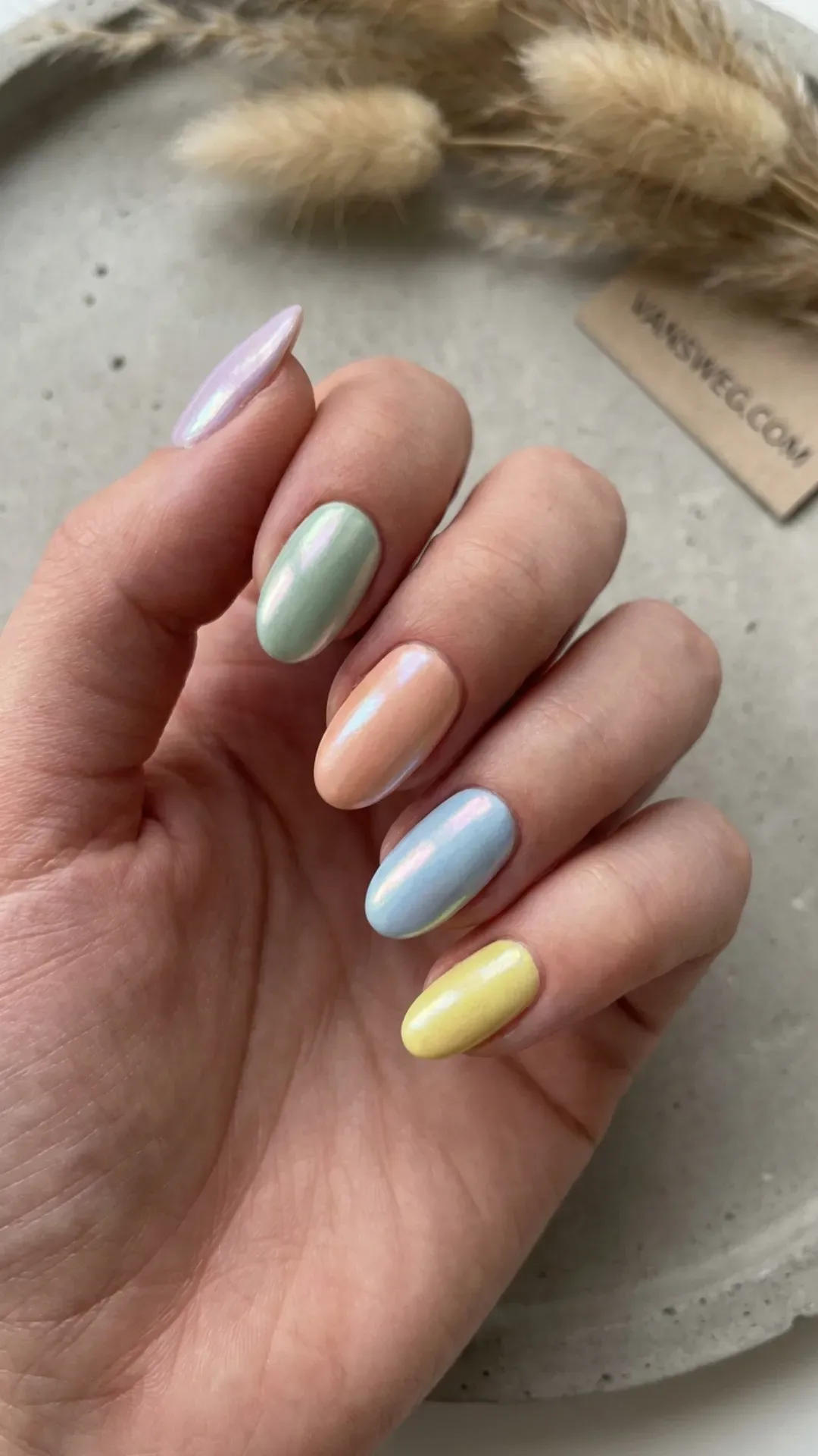 pastel rainbow skittle manicure with opalescent chrome finish by VANSWEG.COM