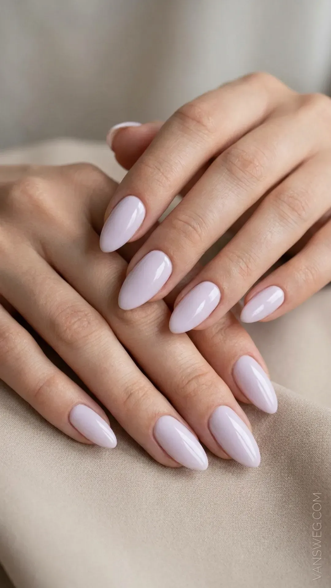 creamy pale soft lavender pastel almond nail color by VANSWEG.COM