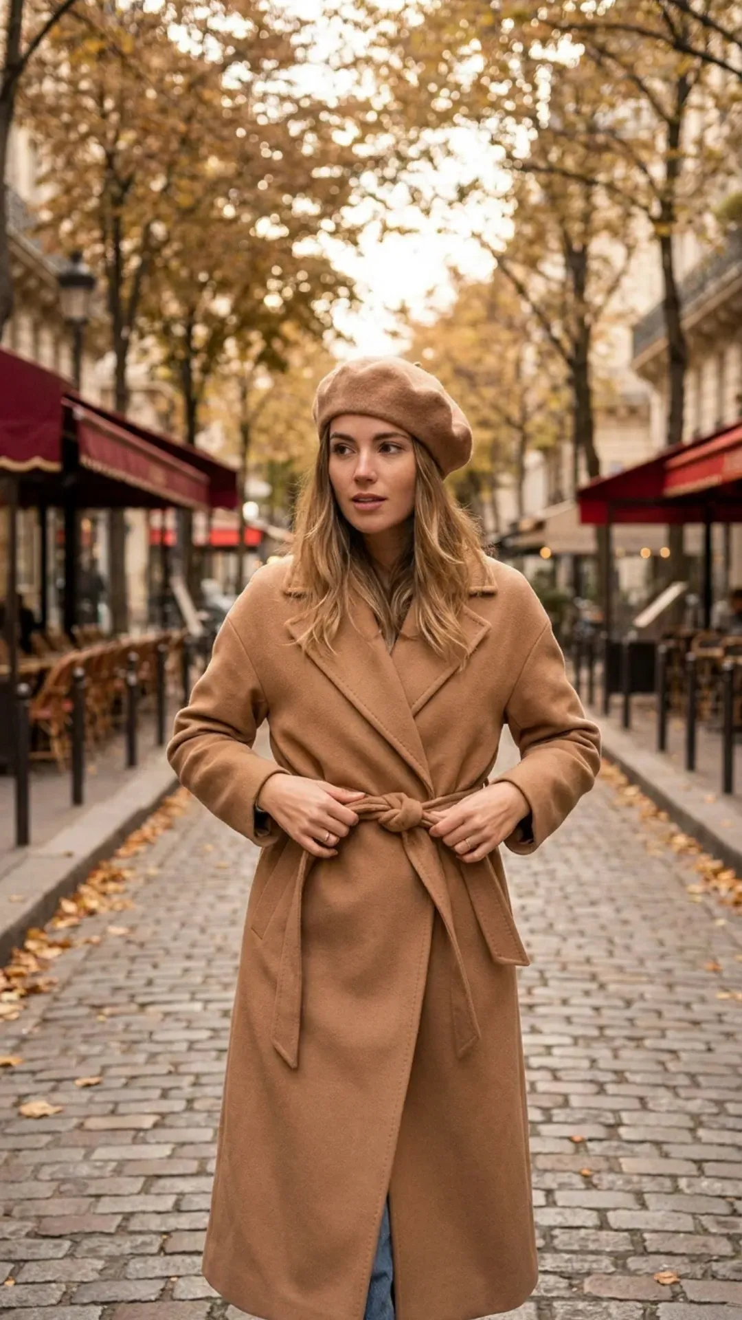 Effortless styling of a long belted camel wool coat.
