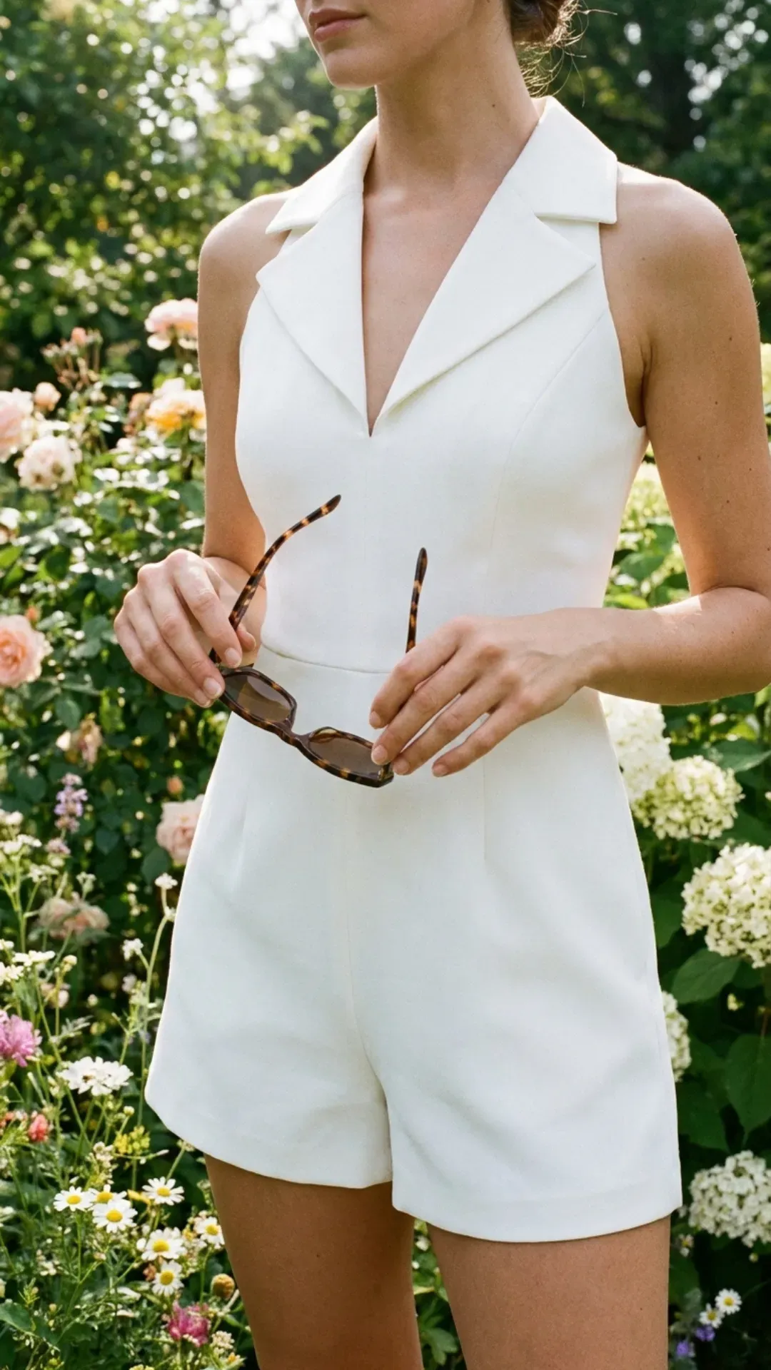 Chic and practical tailored Cloud Dancer white romper.