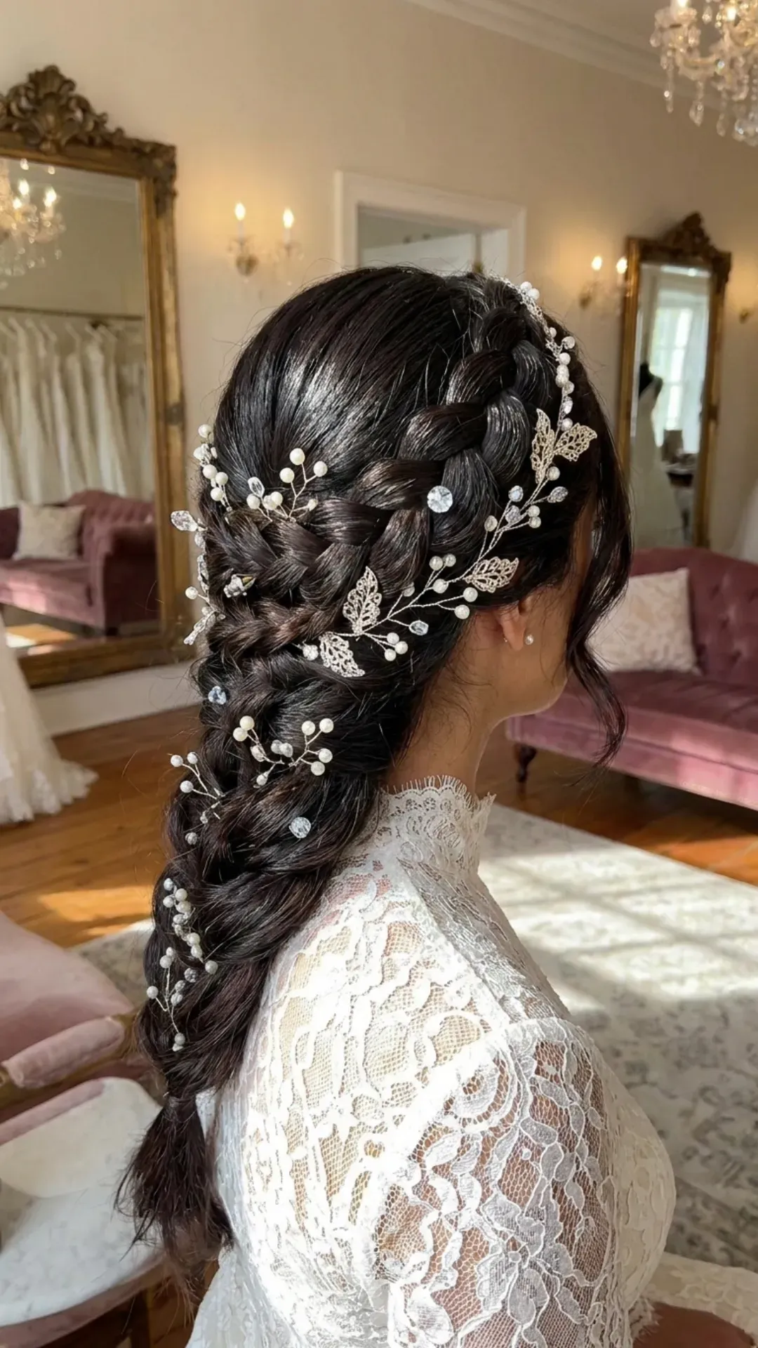 Intricately braided bridal hairstyle adorned with pearl and crystal embellishments, epitomizing elegance and luxury, suitable for a sophisticated wedding theme.