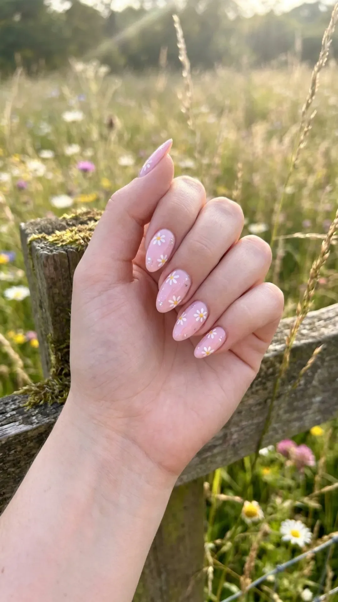 Pastel pink nails with white daisy accents, a touch of sparkle, conveying the simplicity and innocence of a flower field.