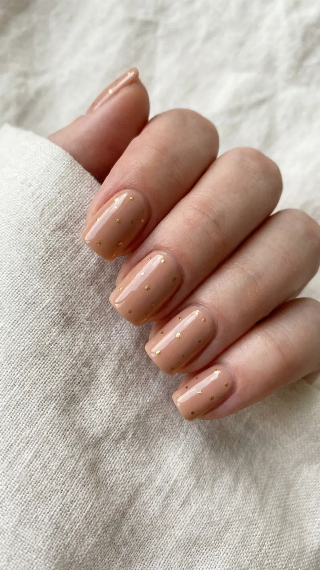 Square nude nails with scattered metallic gold microdots in minimalist pattern, reflective texture — summer nail art 2026