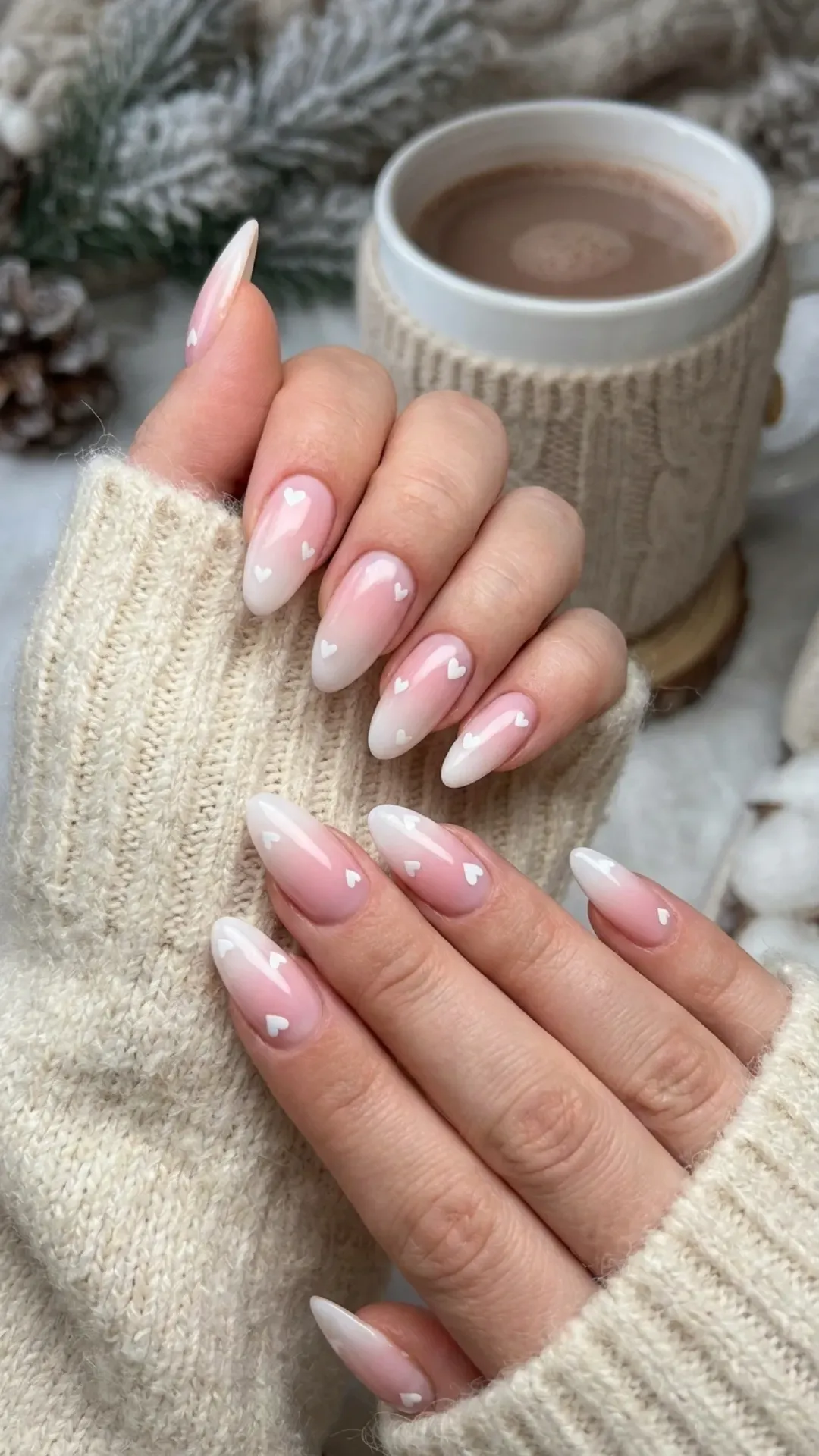 Romantic and sweet, these almond-shaped nails showcase a pink to white gradient with tiny white hearts, a perfect manicure choice for adding a loving touch to your winter nail fashion.
