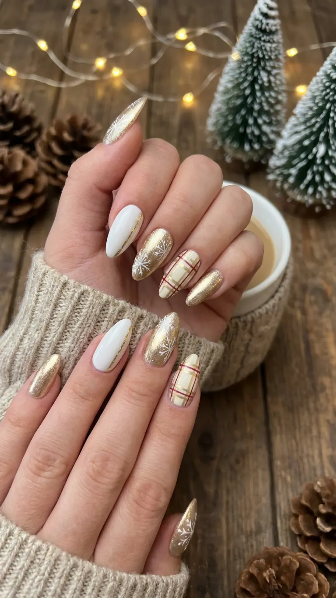 Elegant winter nails with white and gold polish, snowflake designs, and plaid accents, reminiscent of a classic winter wonderland theme with a touch of luxury.