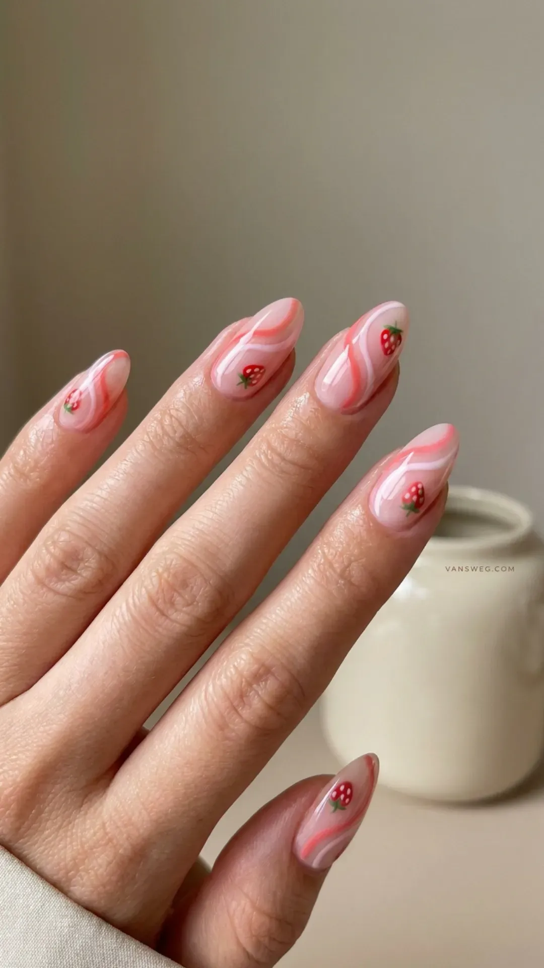 sheer pink nails with retro pastel red and white swirls and strawberries by VANSWEG.COM