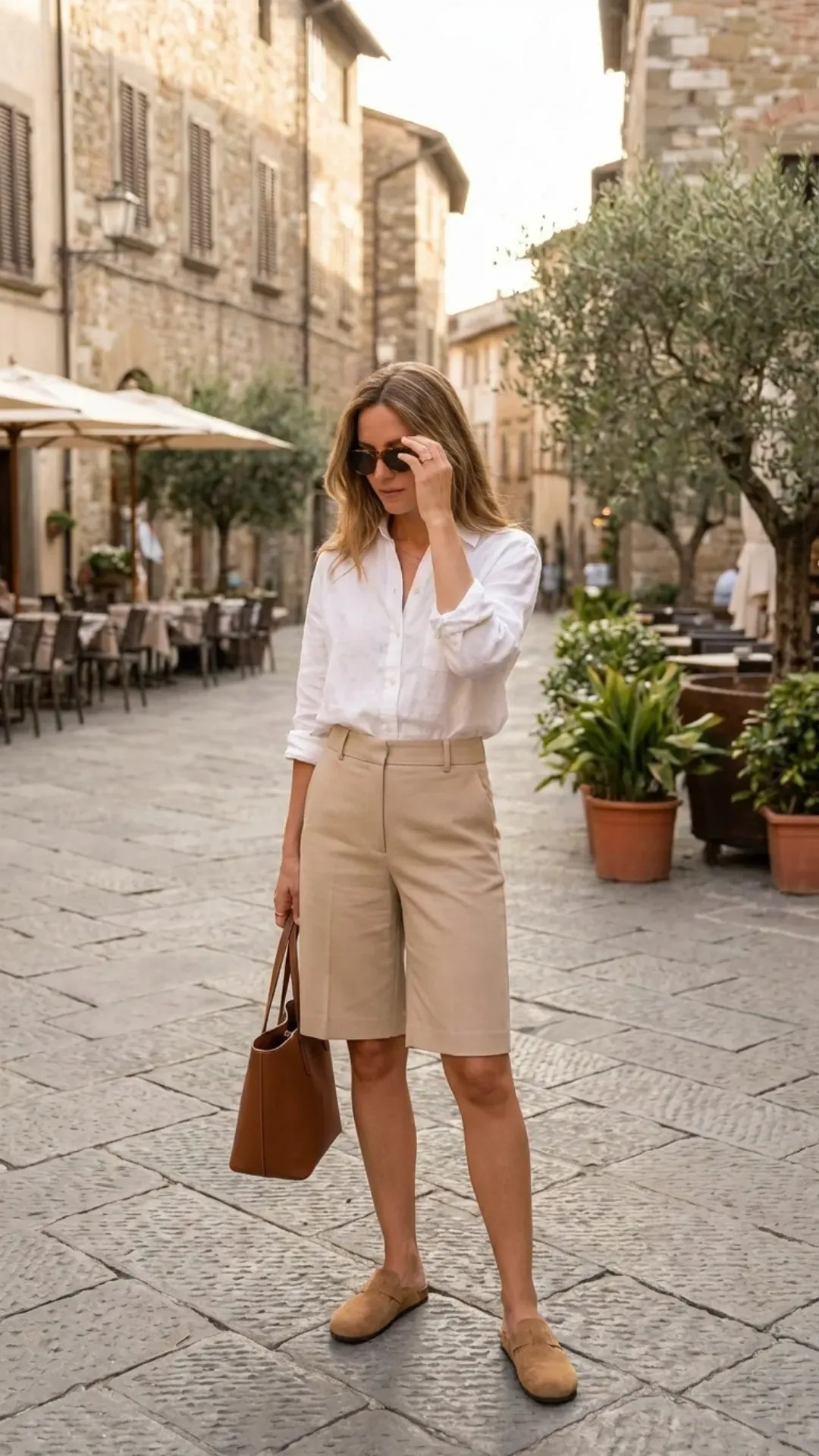 Spring bourgeois chic outfit with tailored shorts and suede mules.