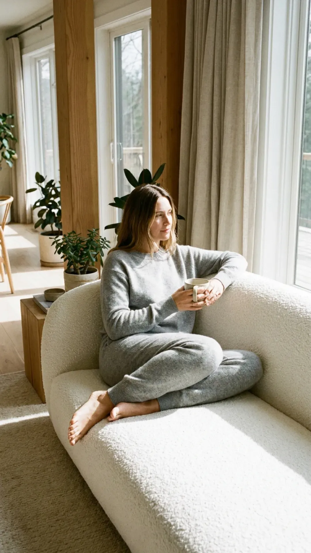 A relaxed woman sitting on a white sofa in a sunlit room wearing a luxurious heather grey cashmere loungewear set.
