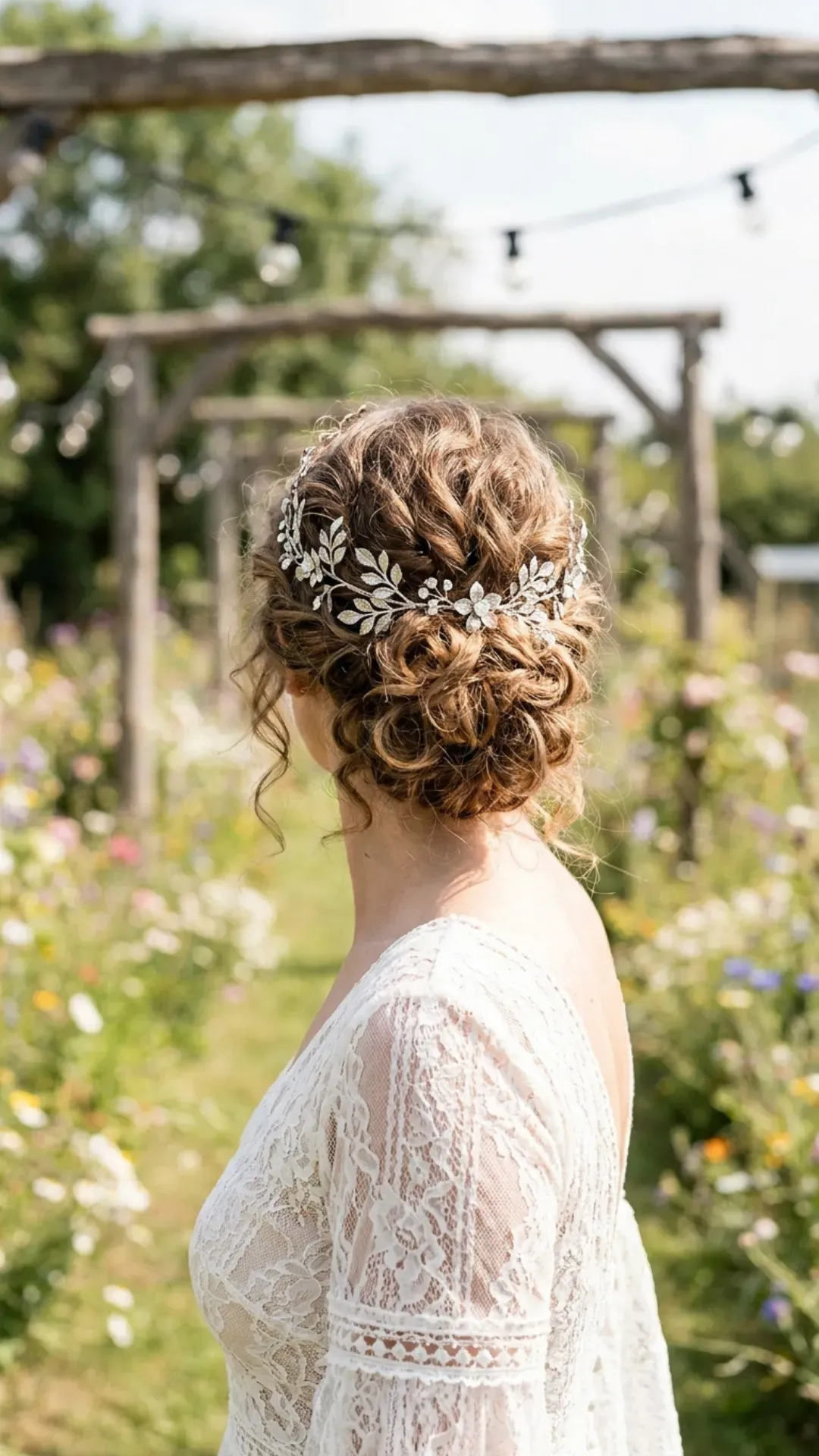 Romantic curly updo topped with a stunning silver floral crown, perfect for a boho-chic bride planning an outdoor or garden-themed wedding.