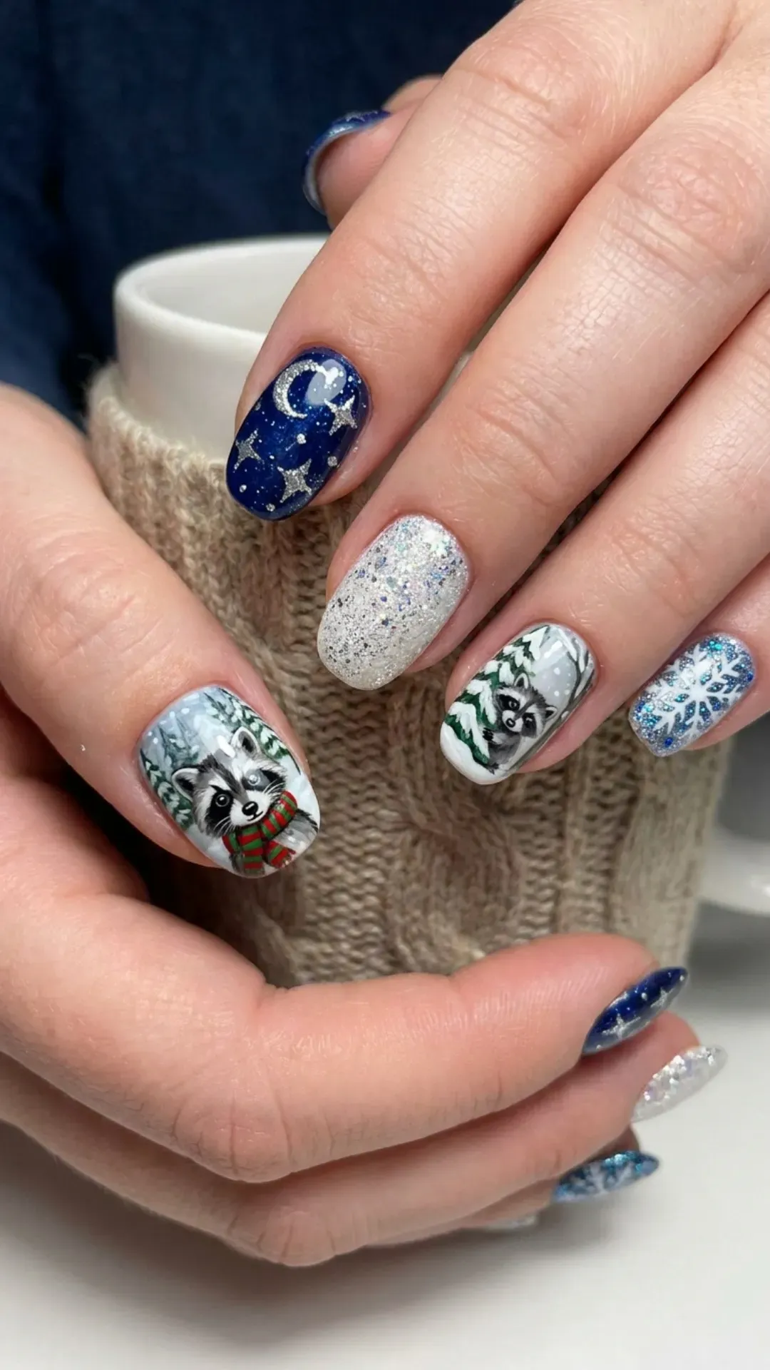Adorable winter nail art featuring a detailed raccoon face with a winter scarf against a snowy backdrop and complementary glitter and night sky designs.