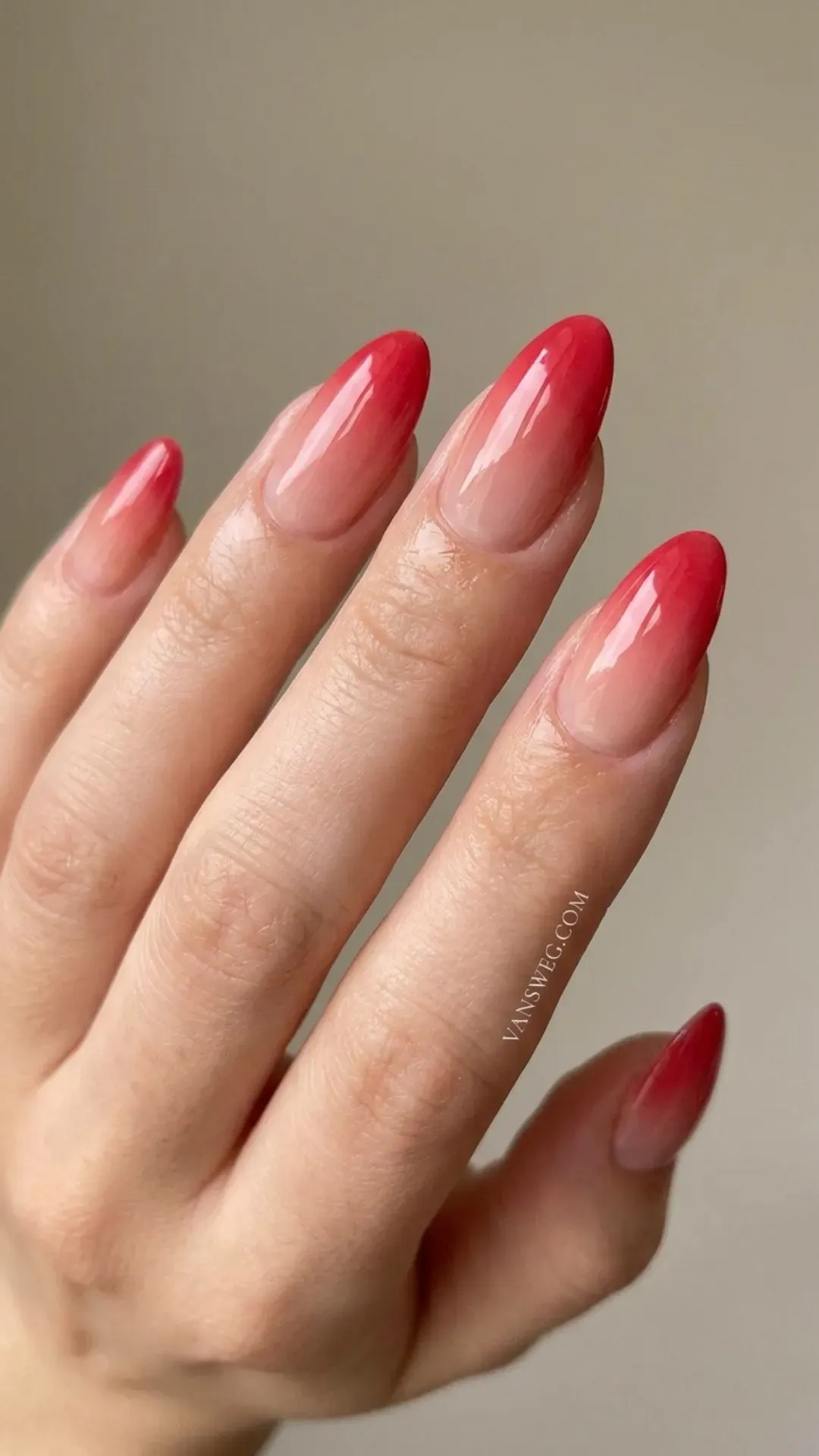  nude to rich strawberry red ombre gradient nails by VANSWEG.COM