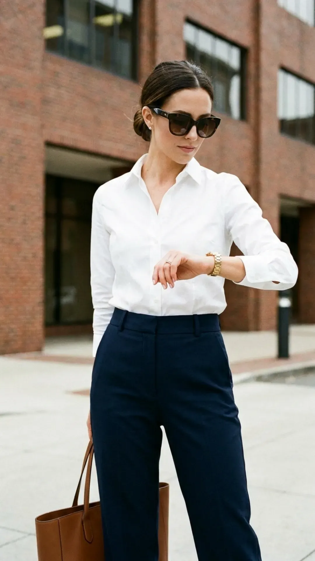 Minimalist and chic crisp white button down shirt with navy trousers.