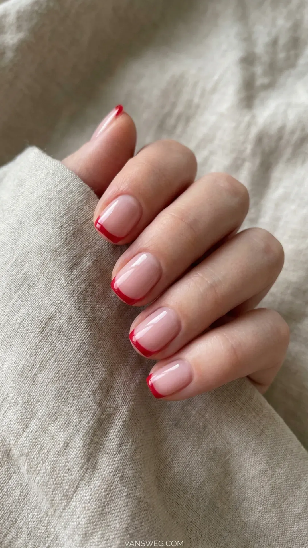 striking cherry red micro-french minimalist nails by VANSWEG.COM