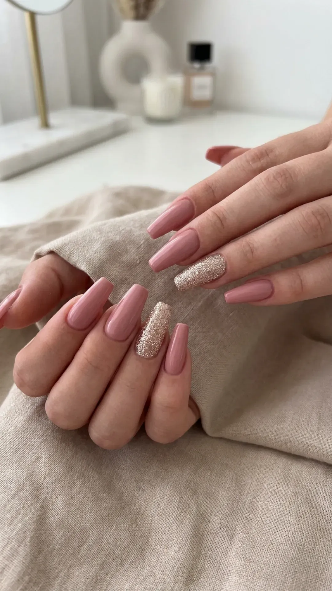 Elegantly modern manicure featuring dusty rose pink coffin nails, with one nail on each hand accented with sparkling glitter dust for a refined touch.