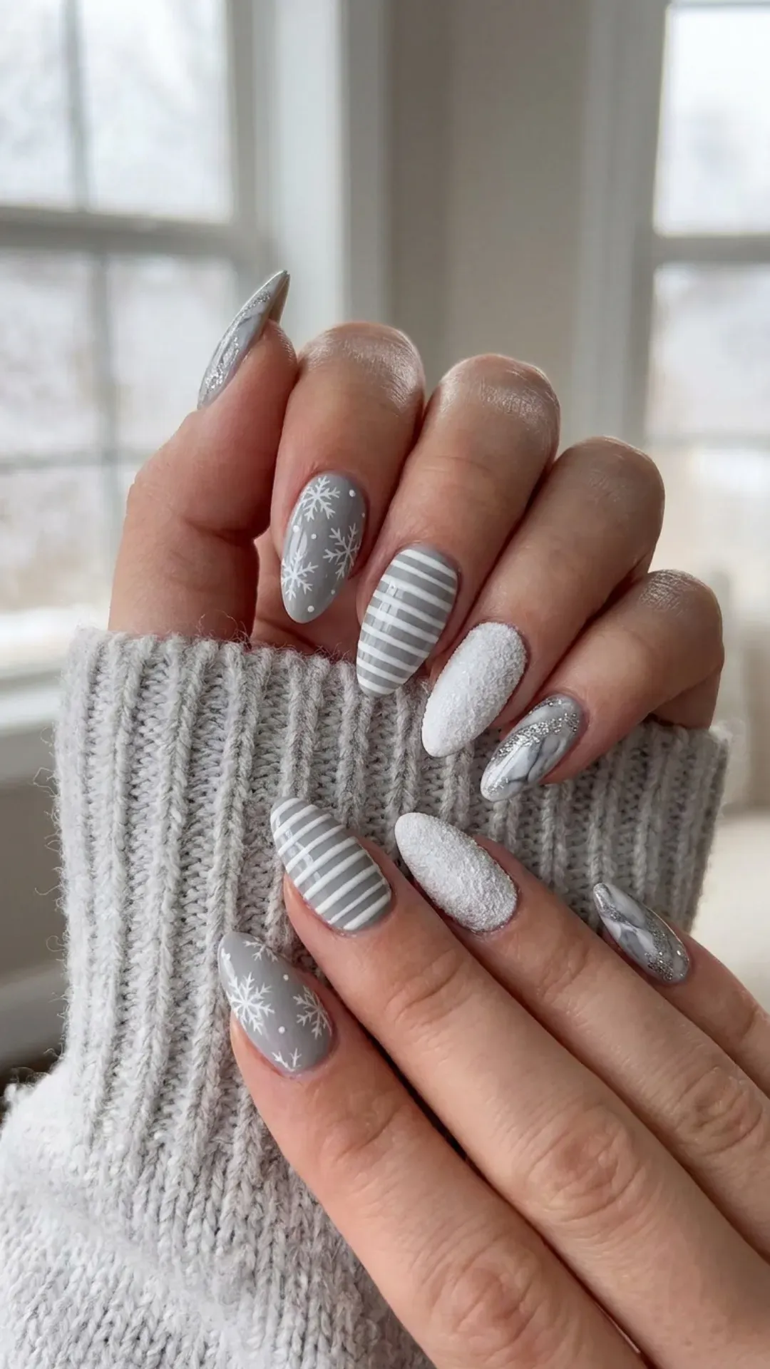 Sophisticated gray and white winter nails with a variety of designs including snowflakes, winter stripes, and textured snowy accents.