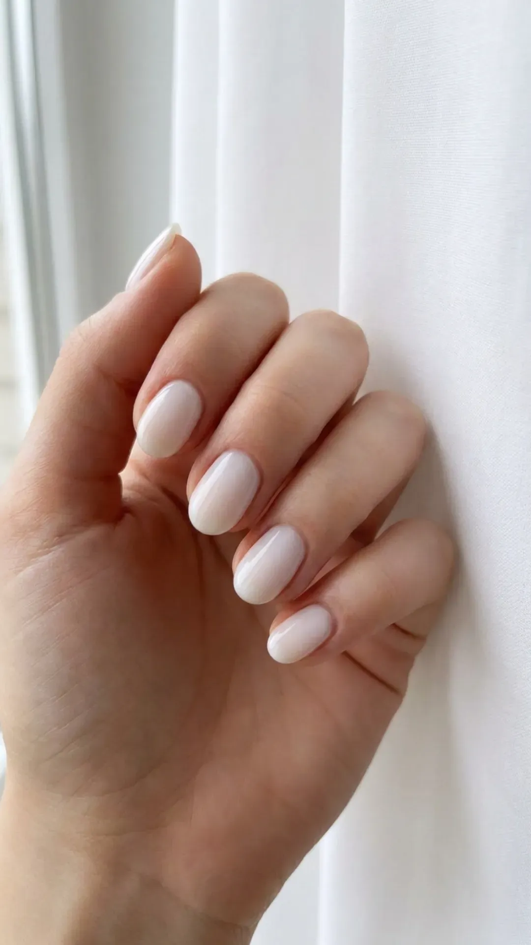 Short natural oval nails with milky white sheer finish, creamy translucence, minimal clean beauty aesthetic — 2026