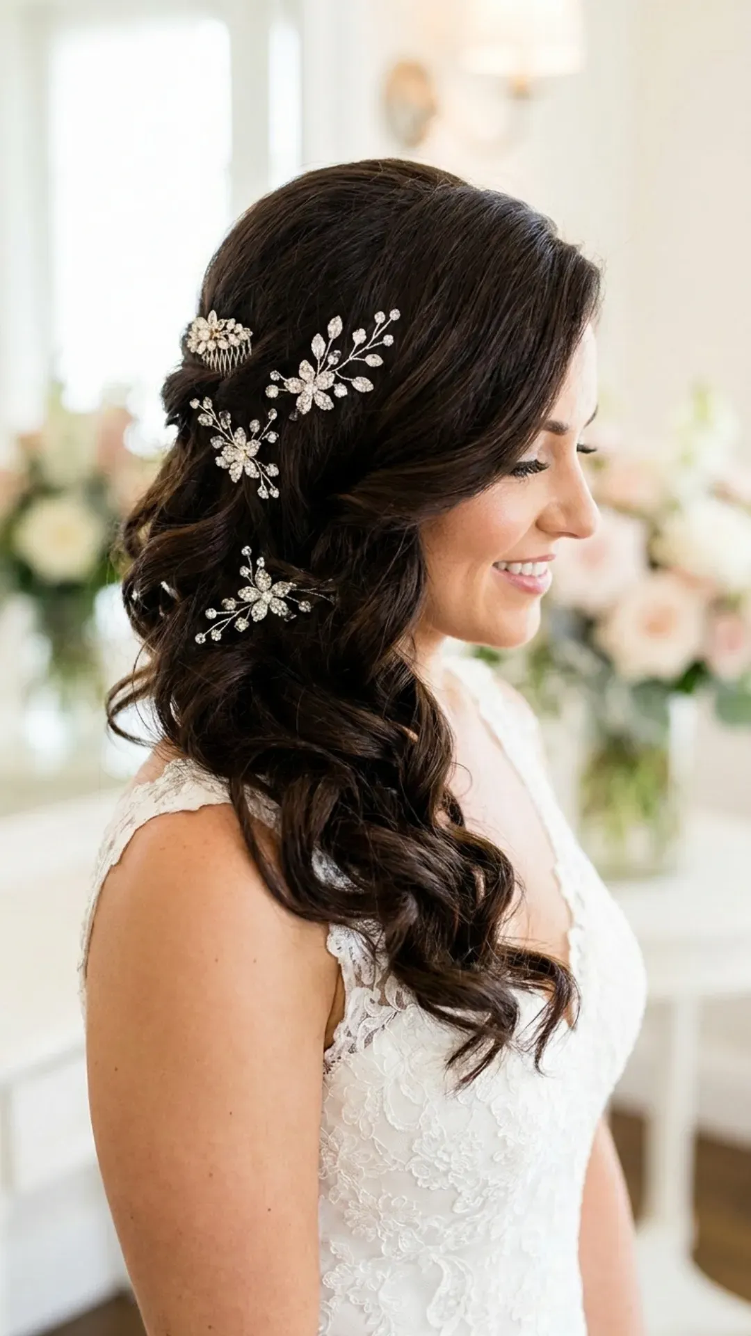 Glamorous side-swept curls with sparkling floral accessories, creating a sophisticated and eye-catching hairstyle for brides on their special day.