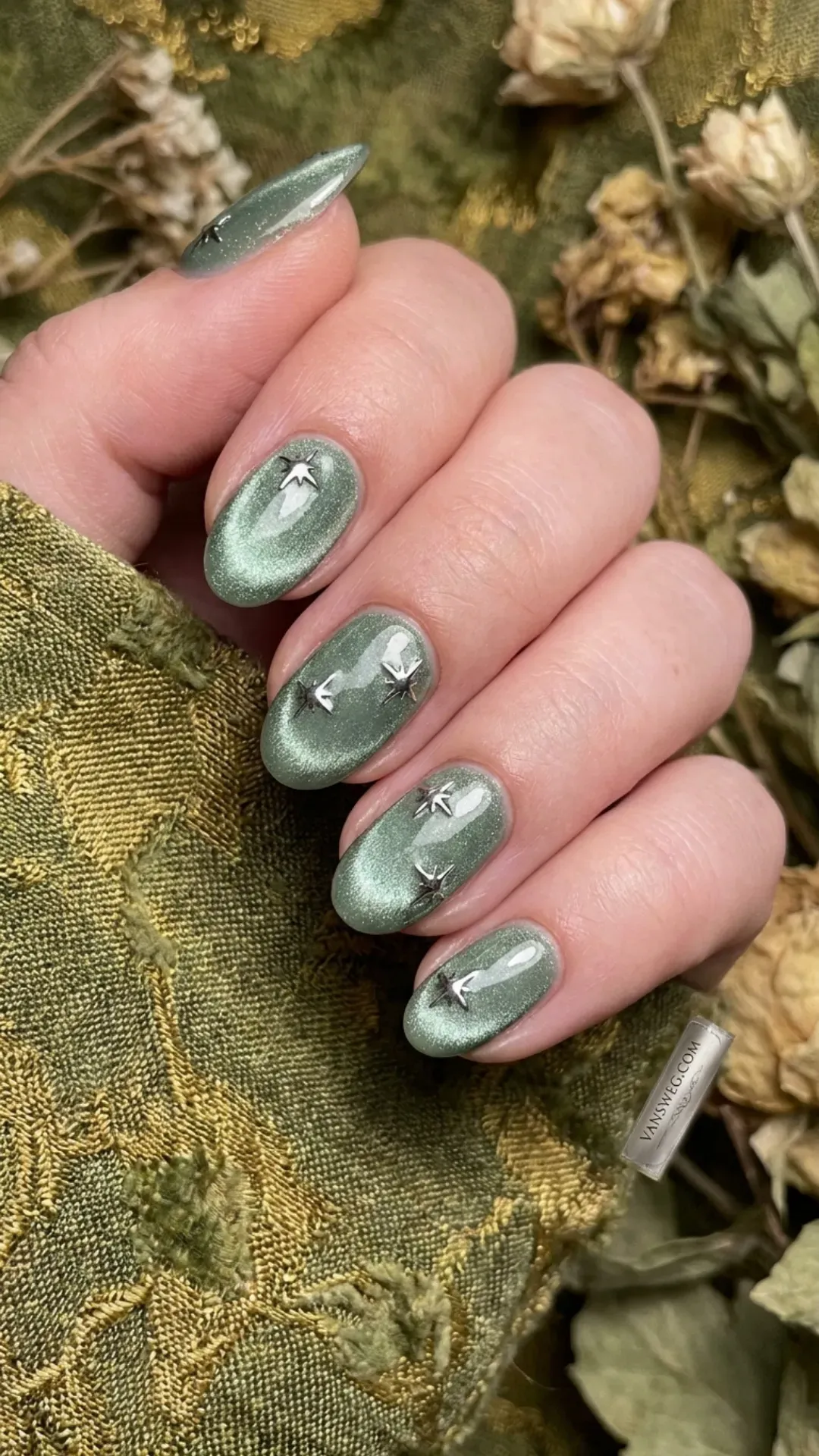 magical sage green velvet magnetic nails with silver chrome starbursts by VANSWEG.COM
